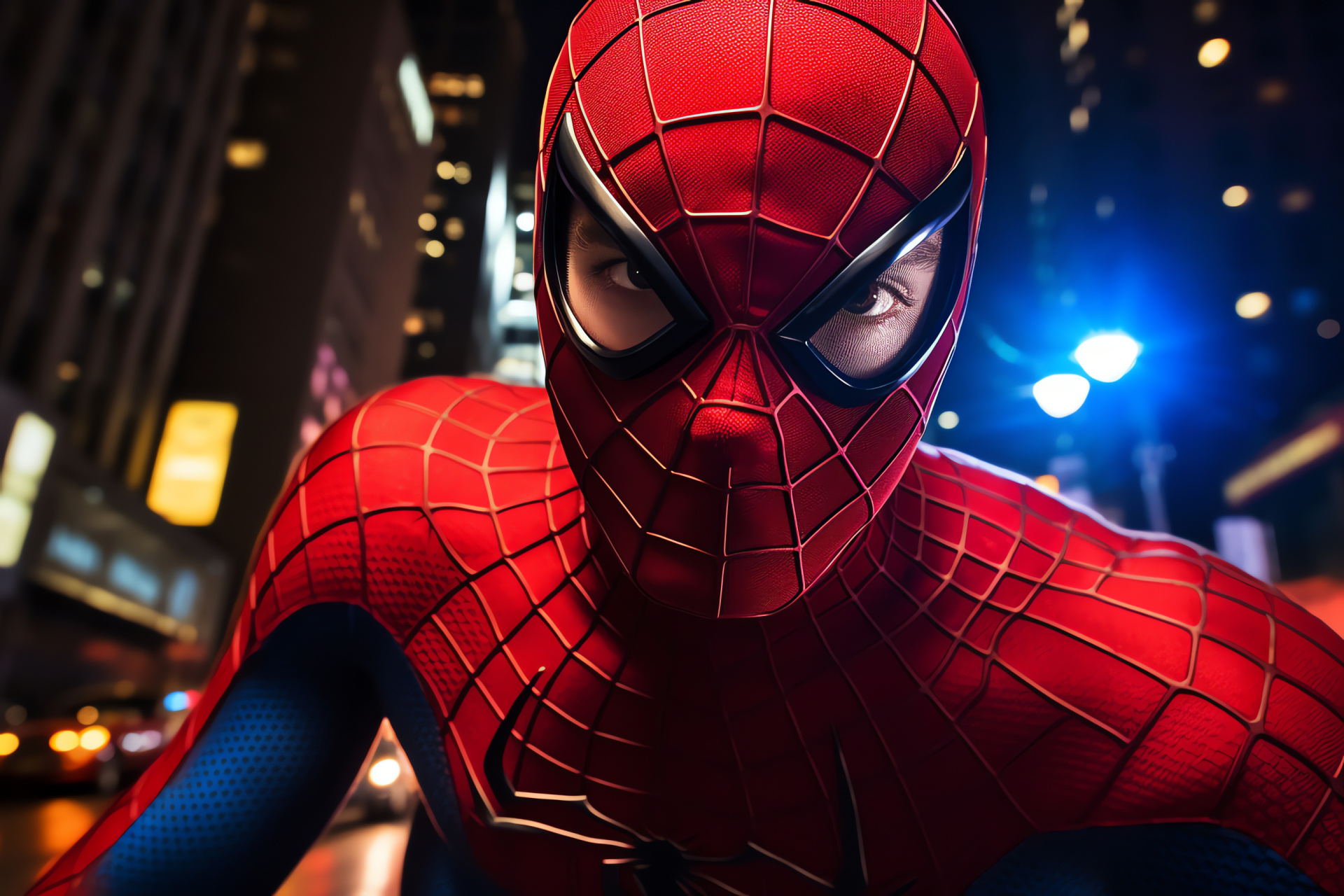Urban avenger Spider-Man, famous NY skyline, athletic swing, web-slinger, classic uniform, HD Desktop Wallpaper