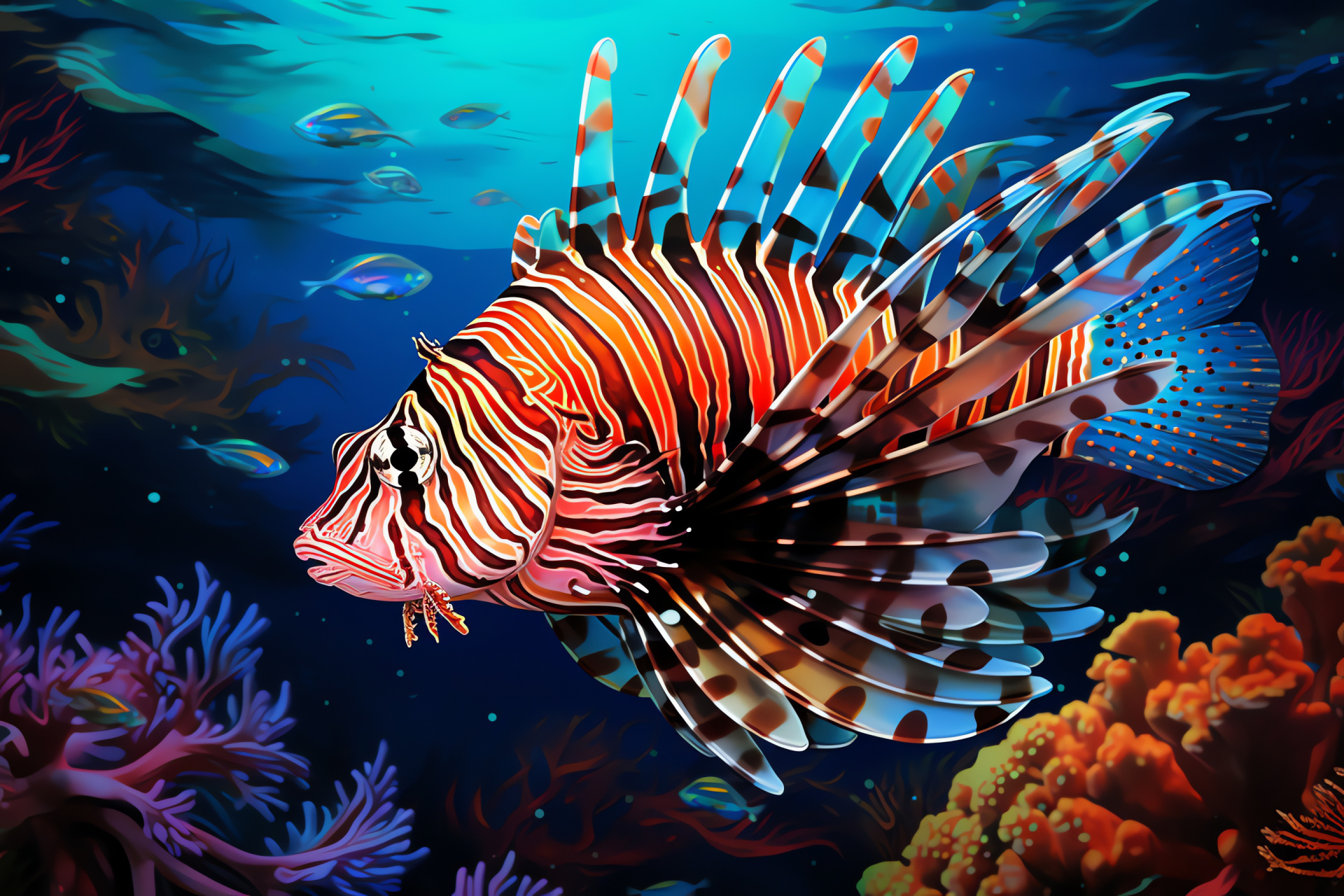 Vibrant lionfish, Red Sea inhabitant, Colorful aquatic display, Patterned marine species, Yellow-eyed fish, HD Desktop Image