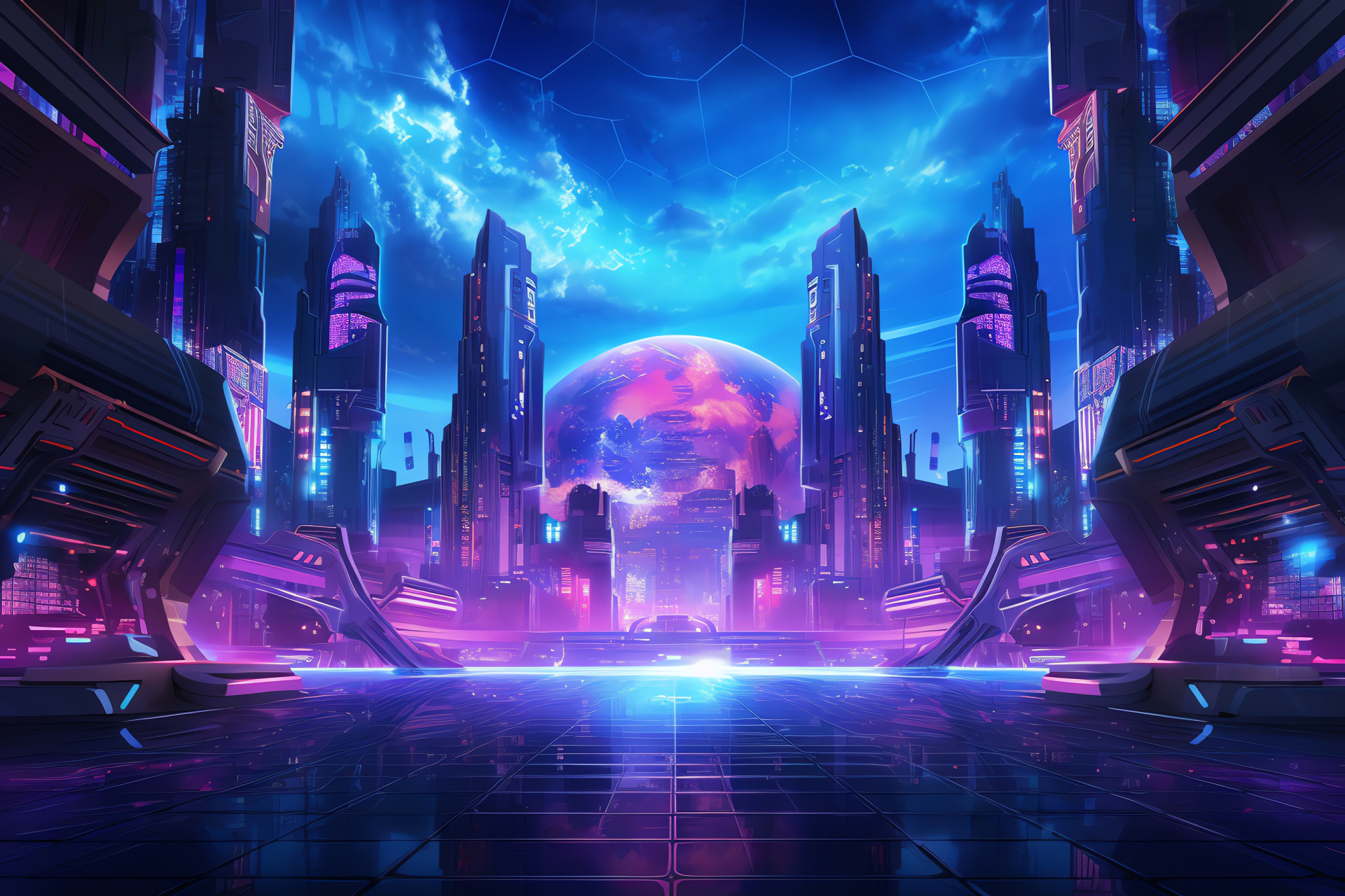 Futuristic Pantheon landscape, Game world skyline, Neon structure highlights, Virtual metropolis concept, Advanced urban design, HD Desktop Image