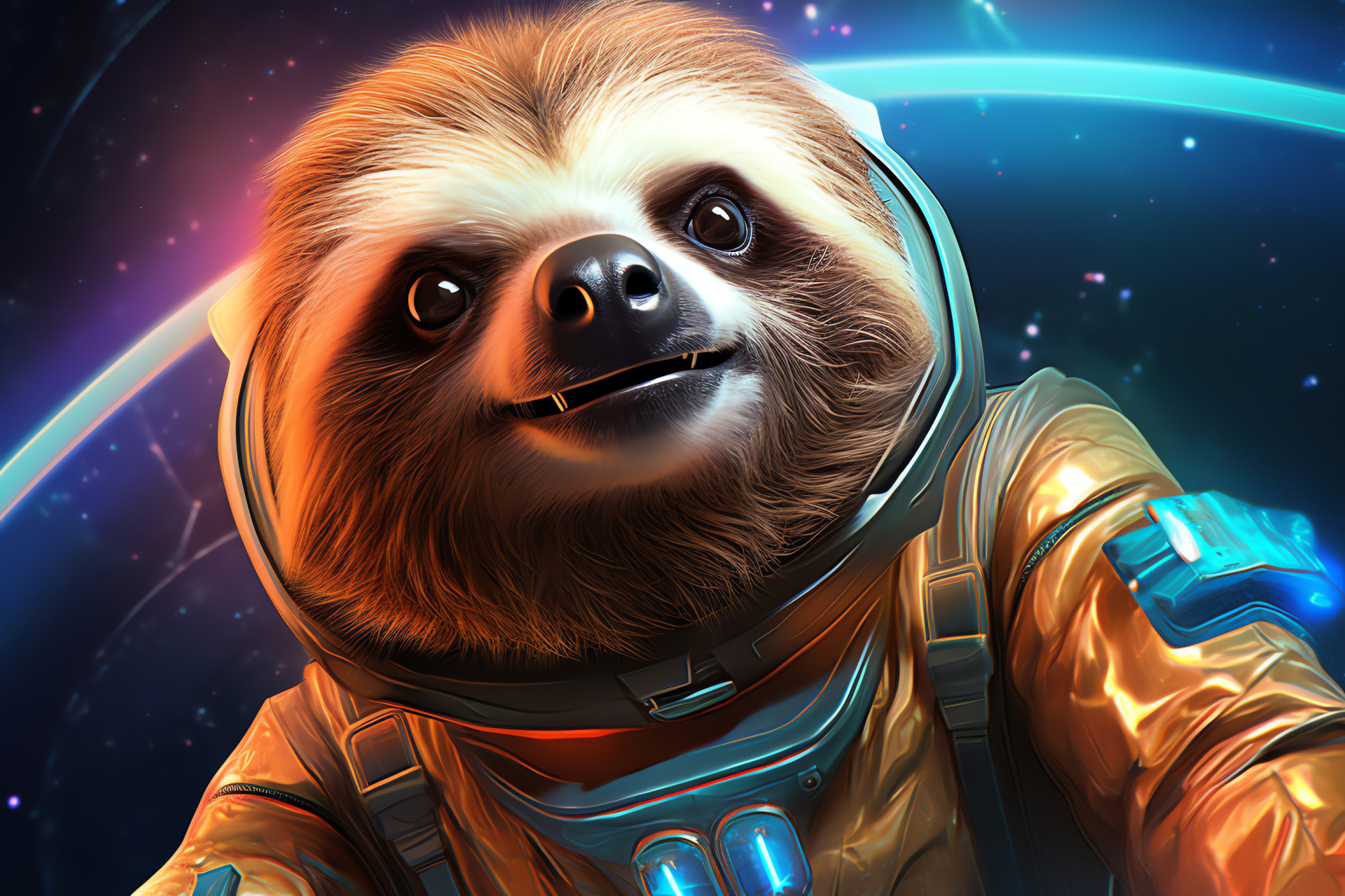 Astronaut sloth tranquility, zero-gravity adaptation, fluffy brown inhabitant, infinite galaxy, cosmic encounter, HD Desktop Wallpaper