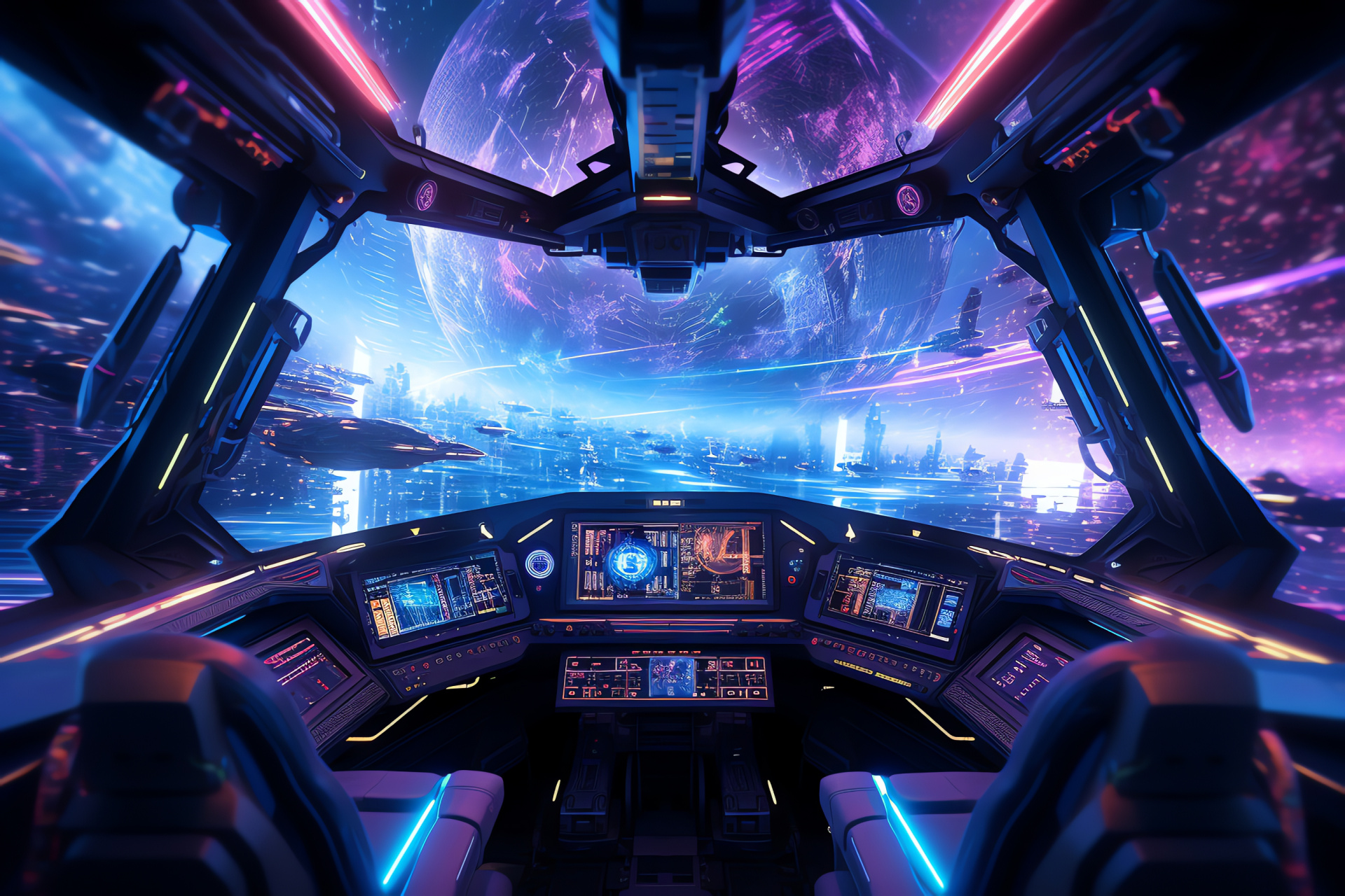 Advanced spacecraft helm, Light spectrum visuals, Futuristic control center, Pilot cockpit view, Space flight, HD Desktop Image