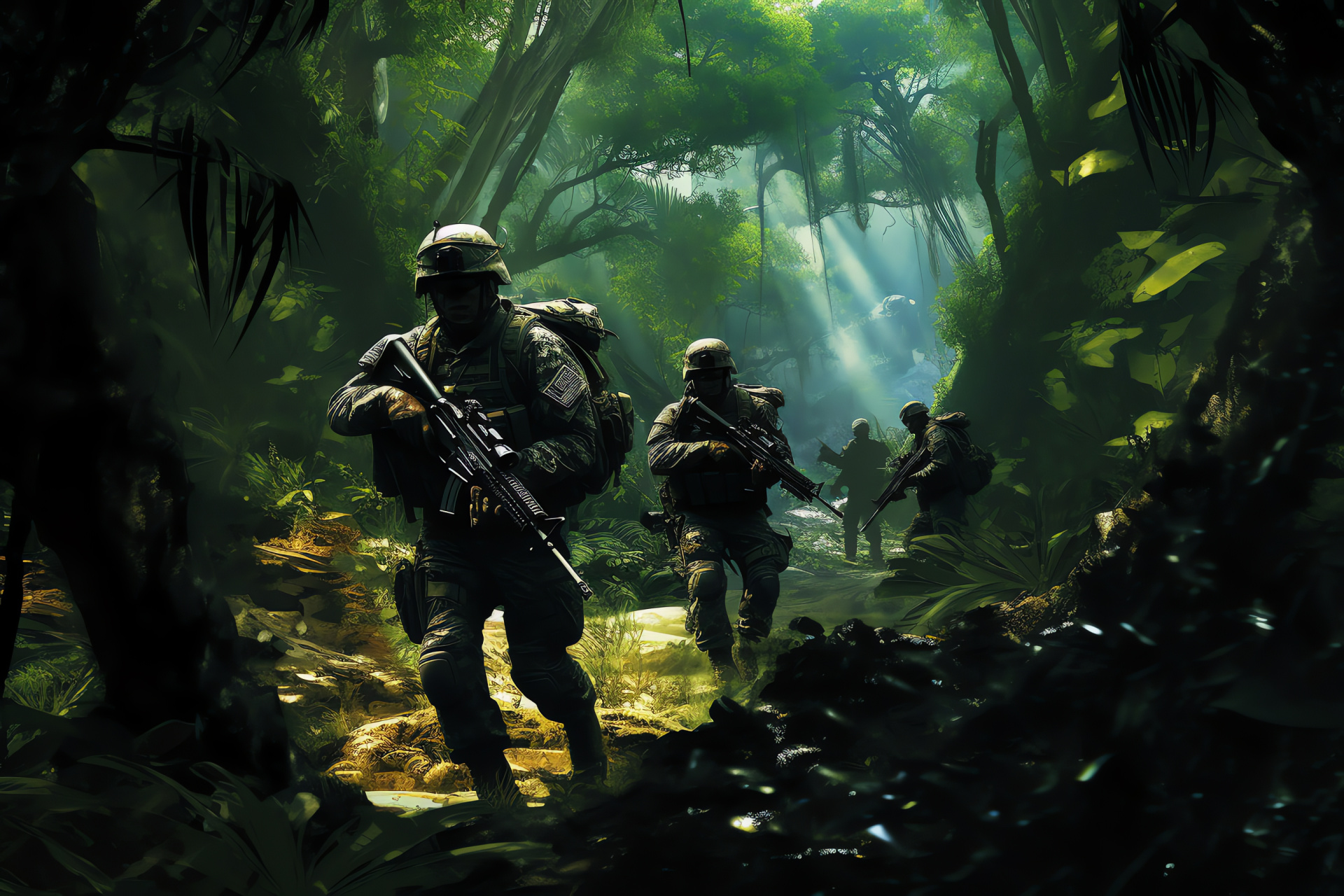 Gaming in jungle warfare, Camouflaged avatars, Dense foliage challenge, MW2 virtual experience, Tropical battleground, HD Desktop Wallpaper