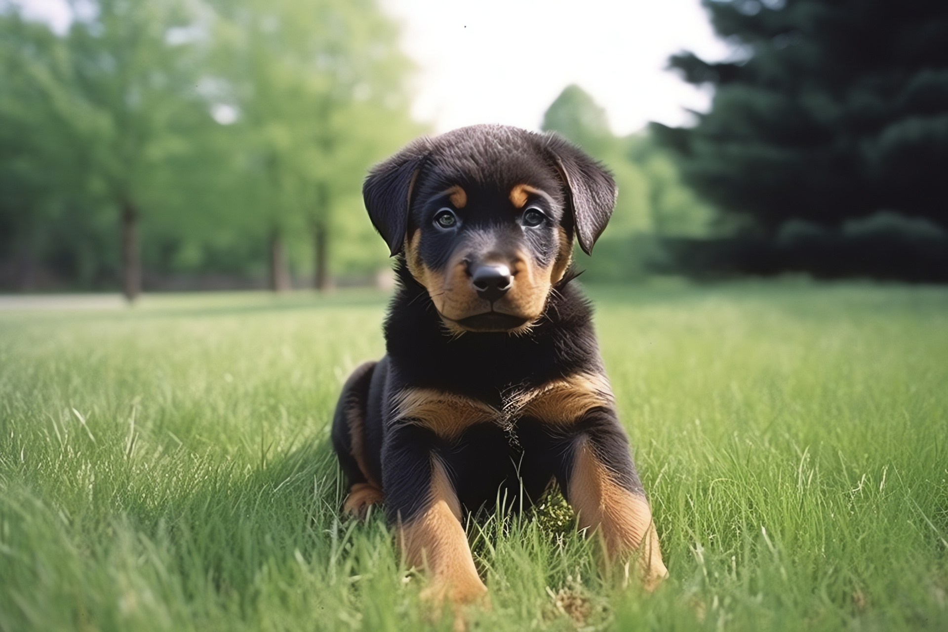 Youthful Rottweiler, playful stance, glossy coat, canine innocence, clear backdrop, HD Desktop Image