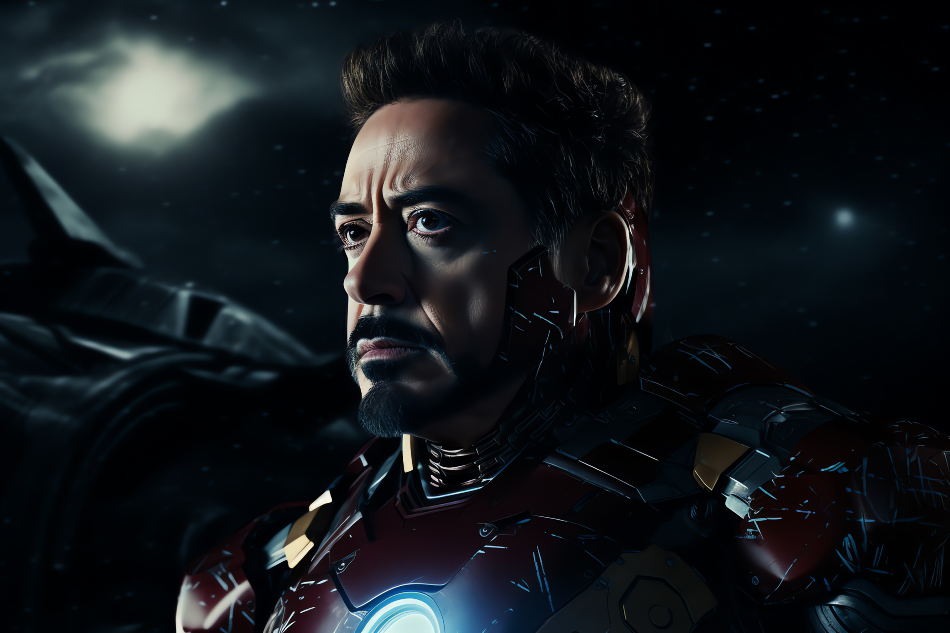 Tony Stark in action, aerial Iron Man, nocturnal flight, celestial imagery, Avenger's journey, HD Desktop Wallpaper