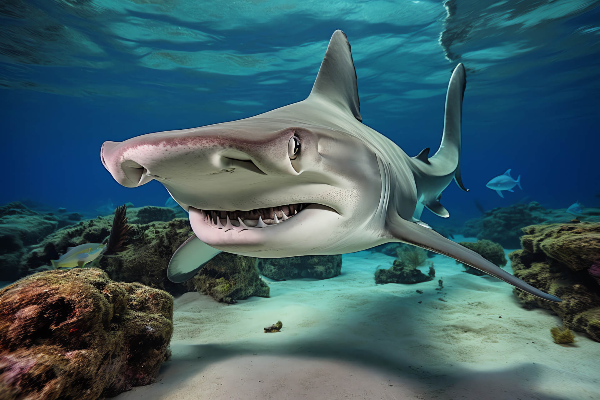 Hammerhead shark, Green-eyed fish, Unique cephalofoil, Caribbean habitat, Aquatic agility, HD Desktop Image