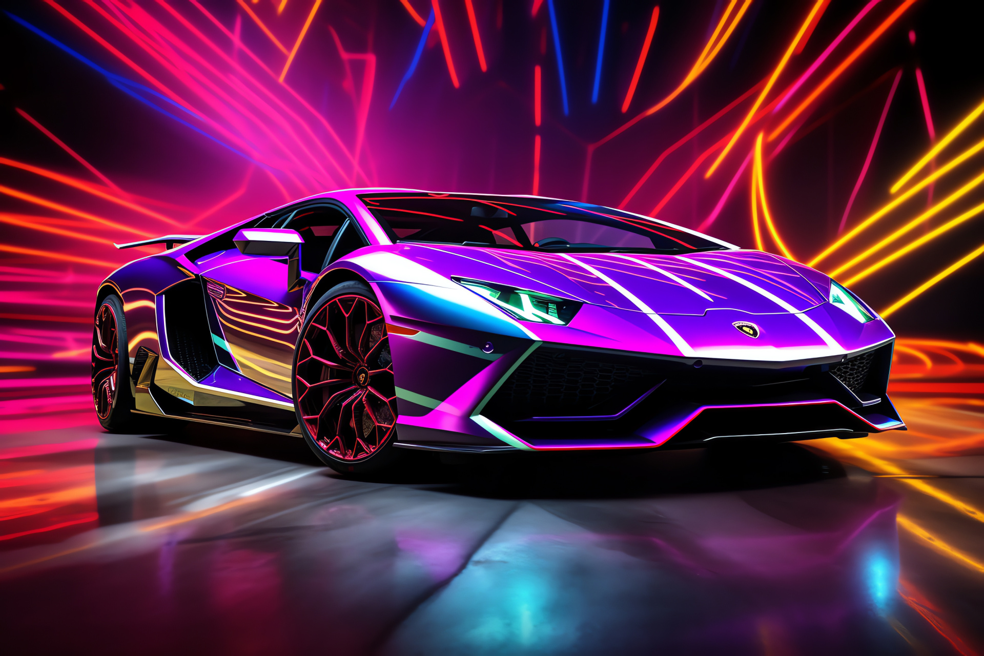 Lamborghini neon theme, Bold sports car, Futuristic vehicle design, Striking visual impact, Lamborghini innovation, HD Desktop Wallpaper