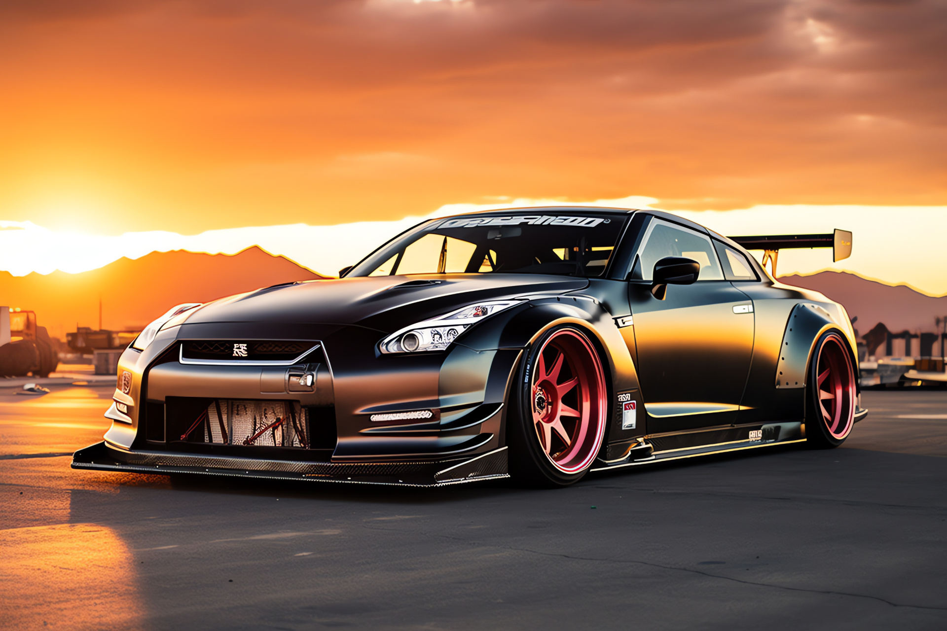 Nissan GTR Liberty Walk on Route 66, Custom vehicle kit, Powerful engine sounds, Sunset roadside view, Classic Americana vibe, HD Desktop Wallpaper