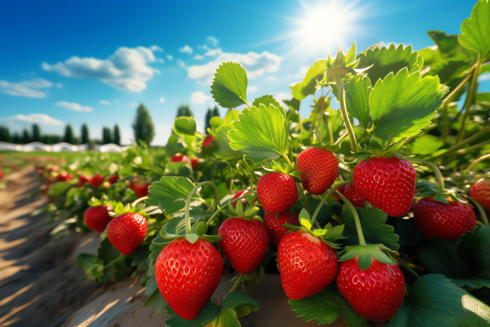 Rural strawberry cultivation, Bright sunlight agriculture, Neat plant rows, Fruit-laden branches, Field harvest, HD Desktop Wallpaper