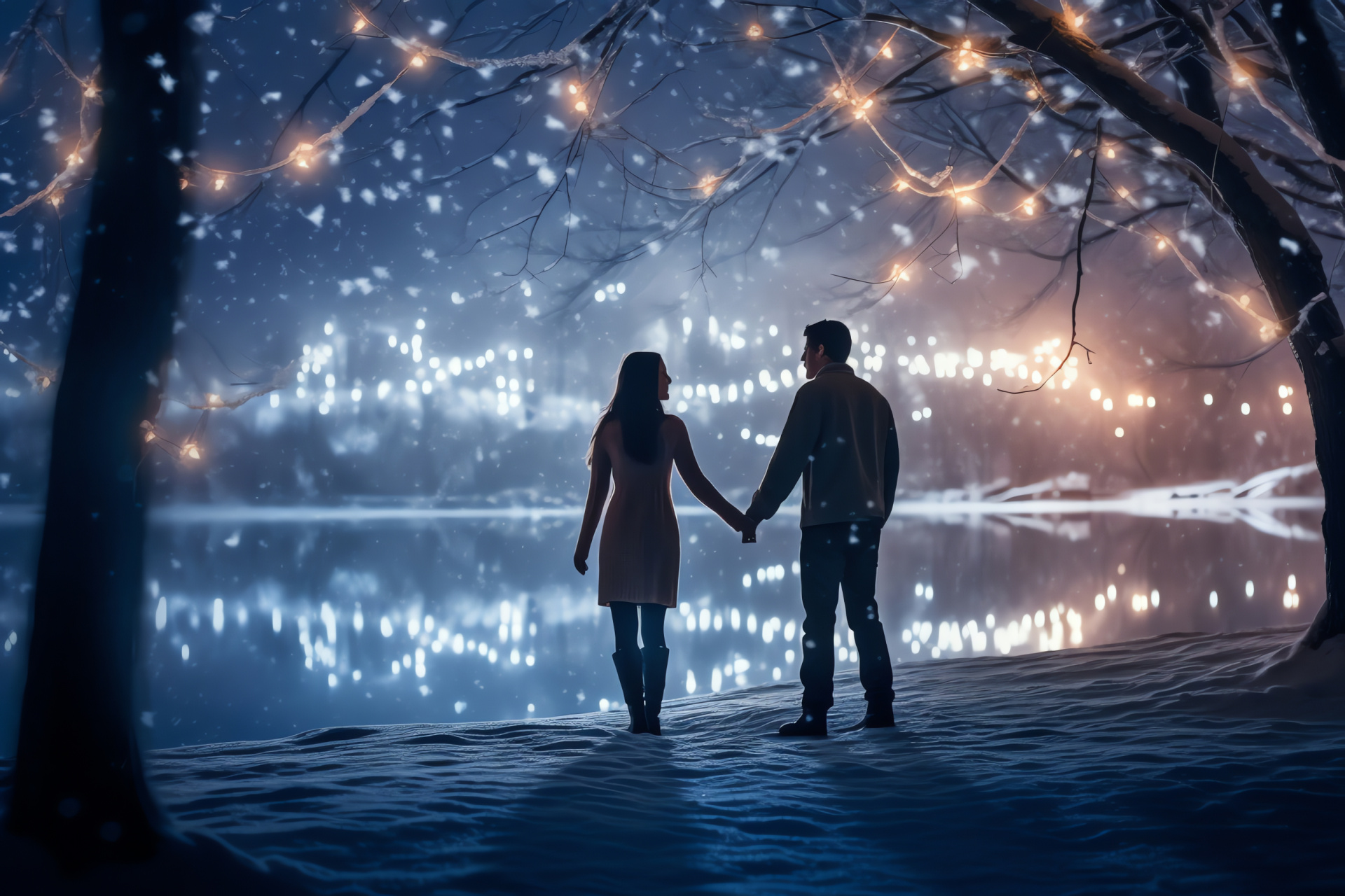 Valentine skating adventure, Icy lake rendezvous, Frosted arboreal frame, Wintery romance, Illuminated evening, HD Desktop Image