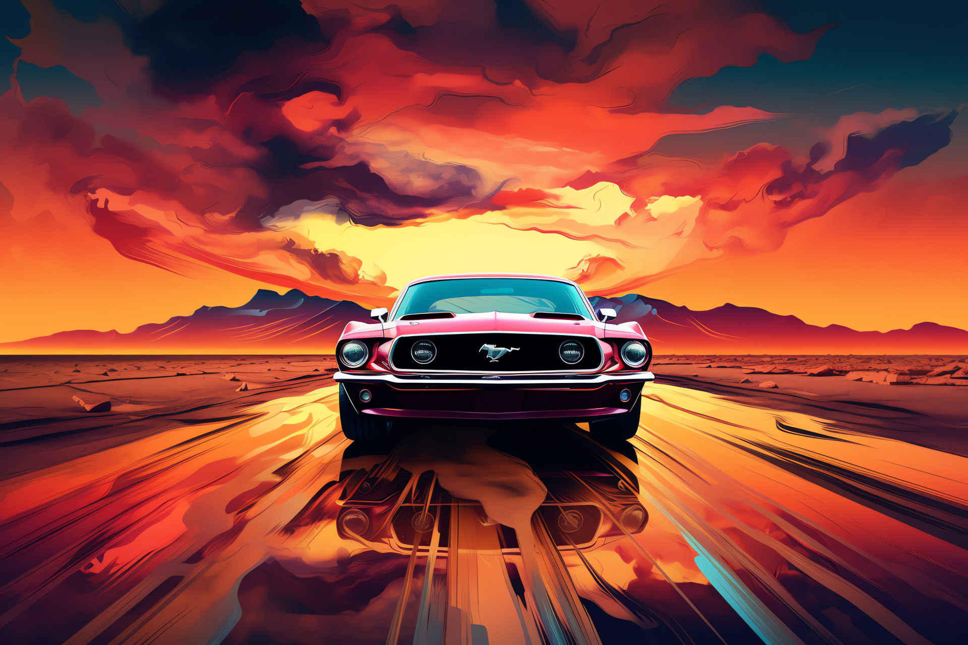 Ford Mustang, Full-length automobile angle, Surrealistic terrain depiction, Geometric landscape patterns, Modern vehicle aesthetic, HD Desktop Image