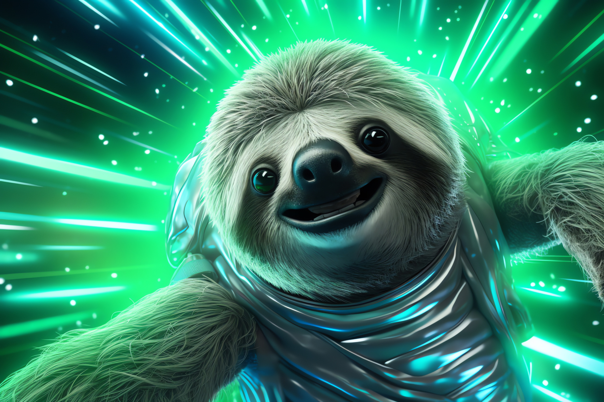 Orbiting sloth, peaceful blue-green stare, weightless journey, swirling cosmic tapestry, awe, HD Desktop Image