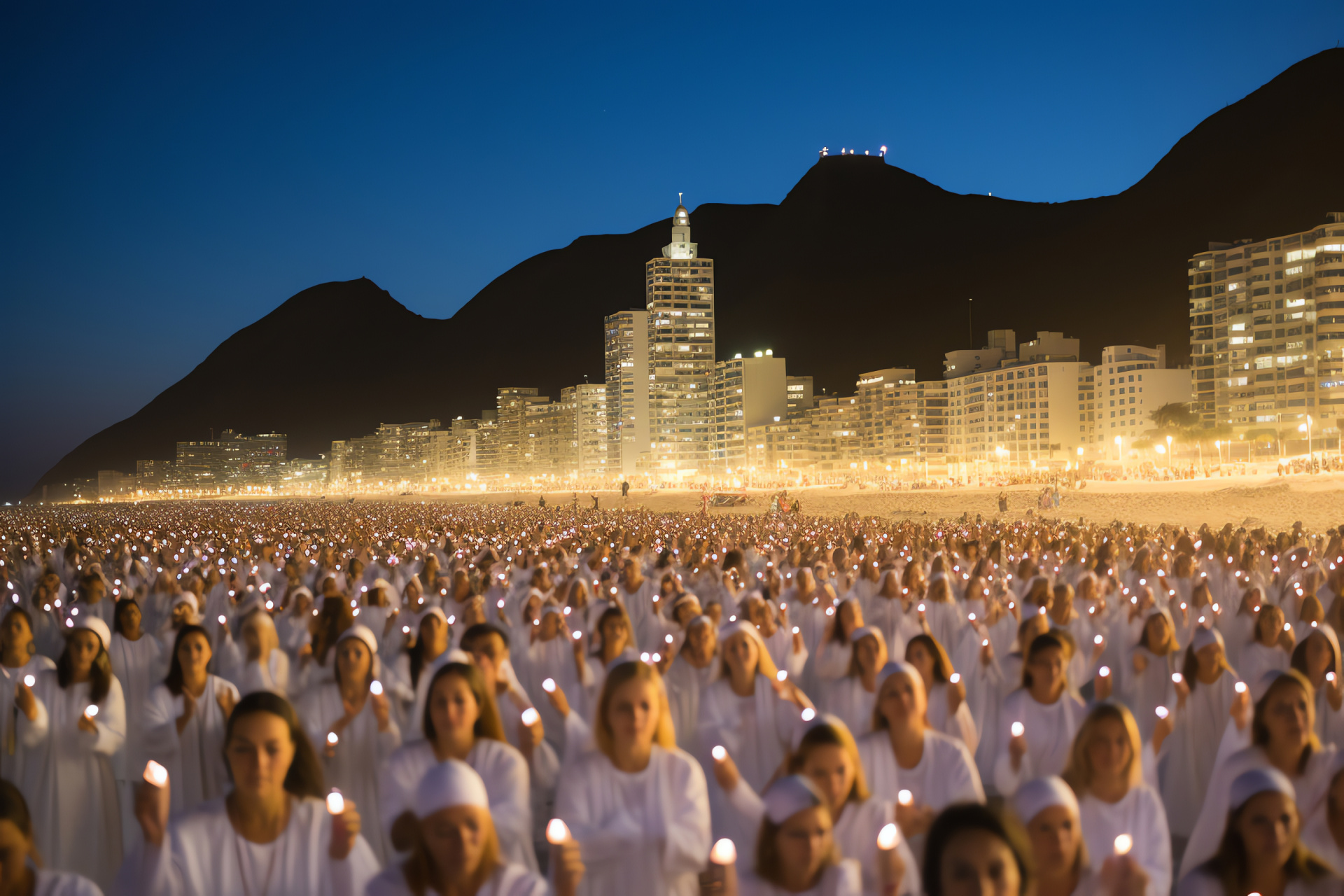 Rio's year-end revelry, Copacabana Beach festivities, Ritualistic white garments, Oceanic tributes, Festive pyrotechnics, HD Desktop Image