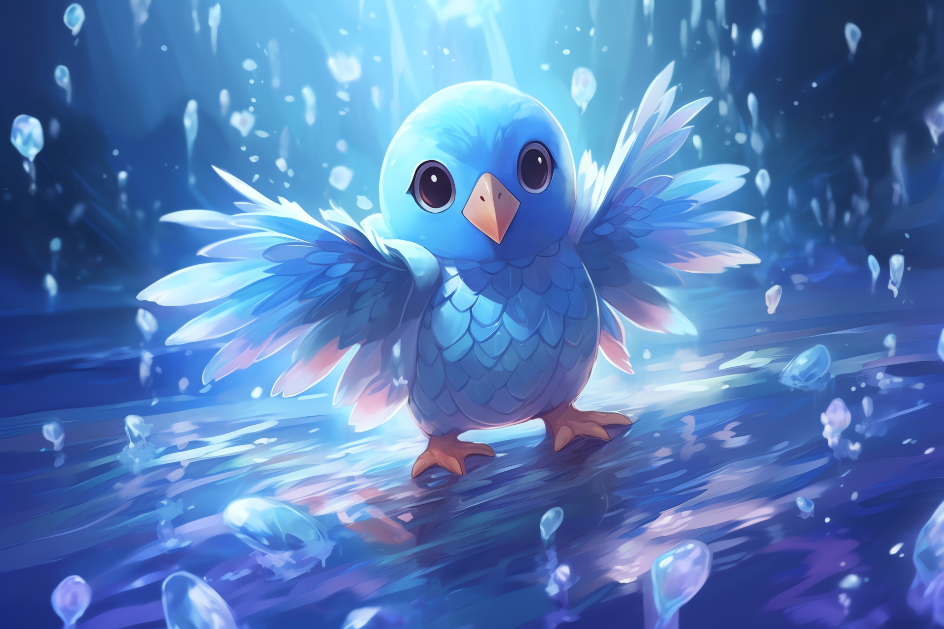 Adorable Piplup, Water-type bird, Glacial terrain, Frosty environment, Sparkling ice, HD Desktop Wallpaper