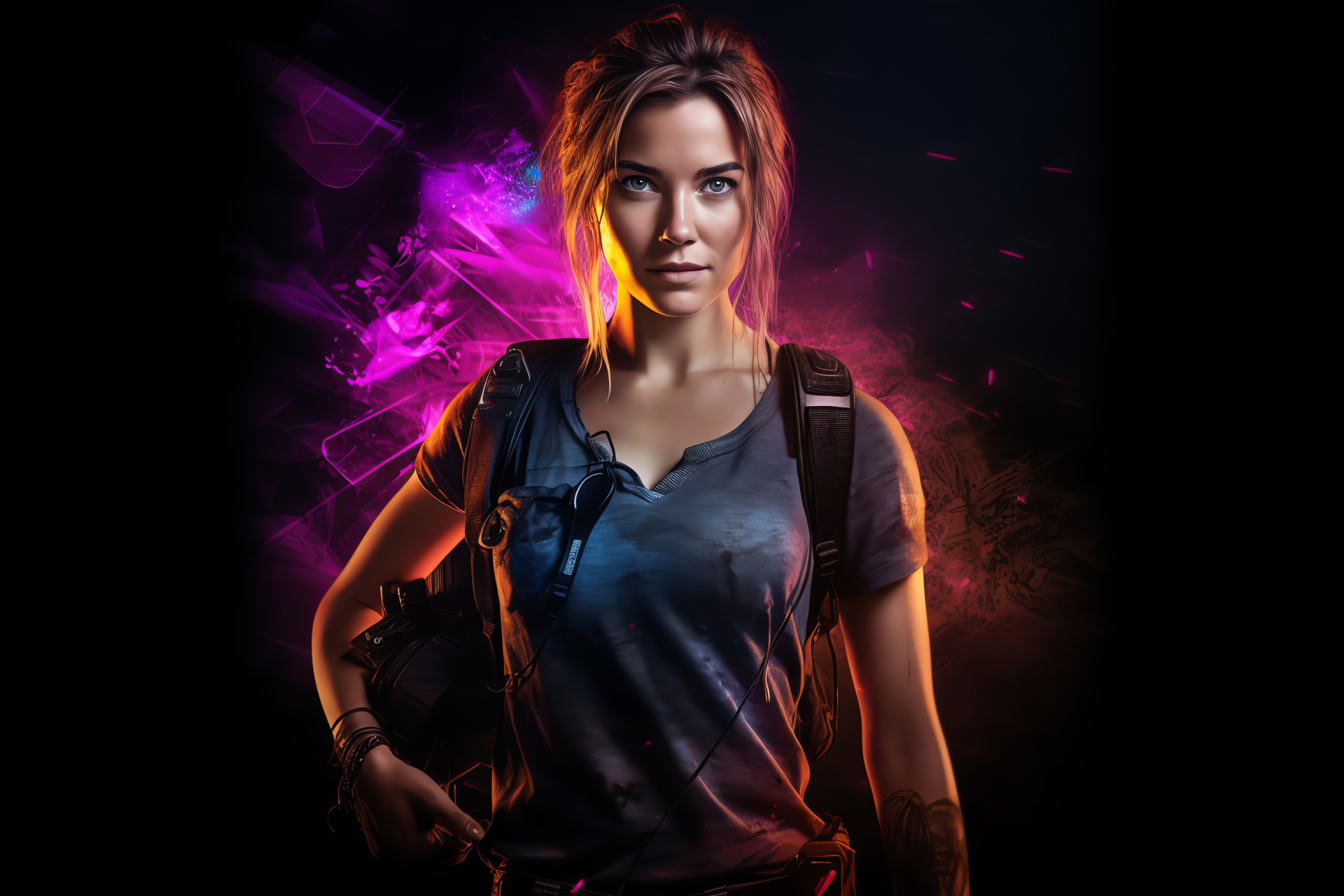 Elena Fisher persona, Kindly eye expression, Reporter on scene, Photographic equipment, High contrast imagery, HD Desktop Wallpaper