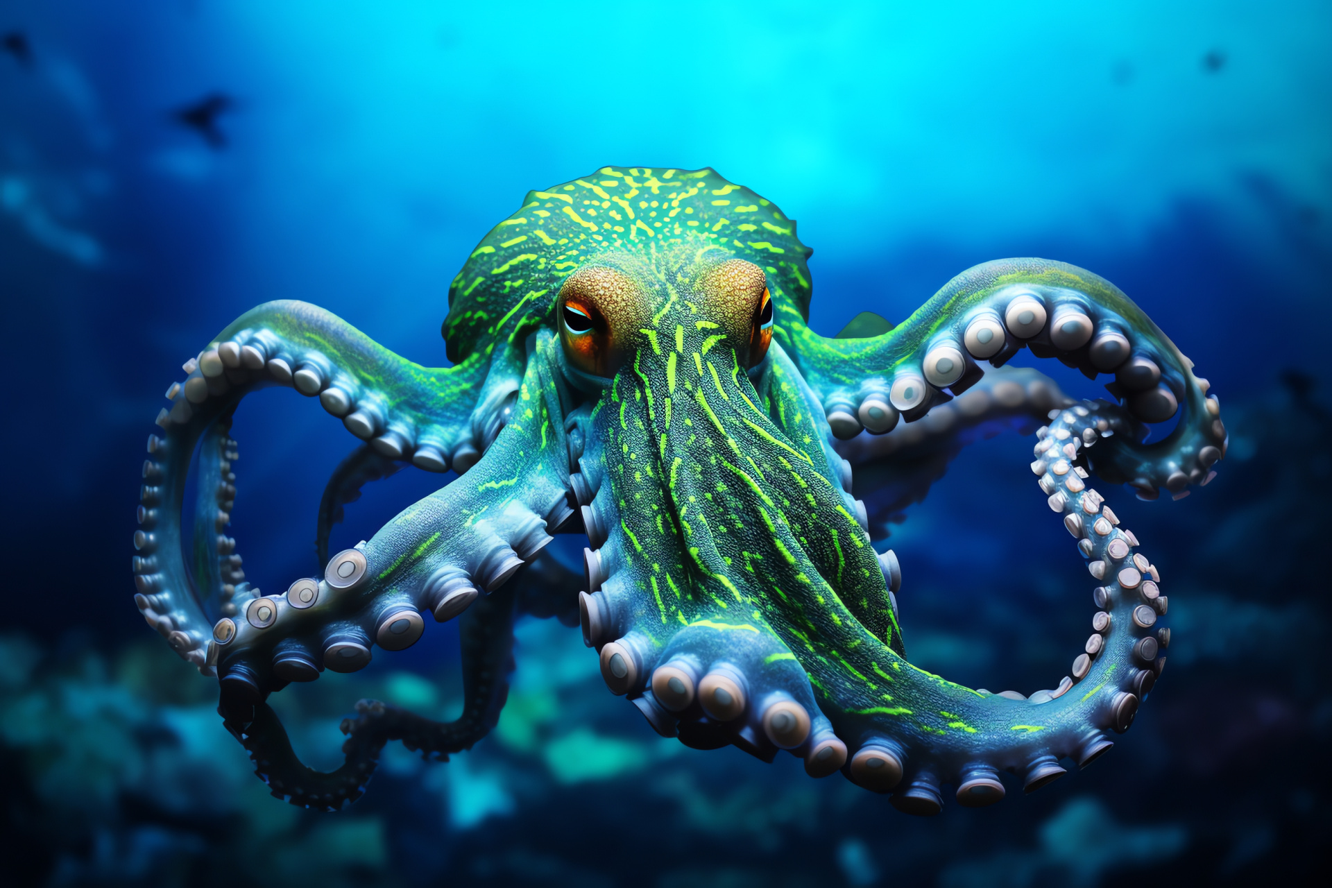 Oceanic octopus, graceful marine life, sea creature, intelligent gaze, underwater wonder, HD Desktop Image