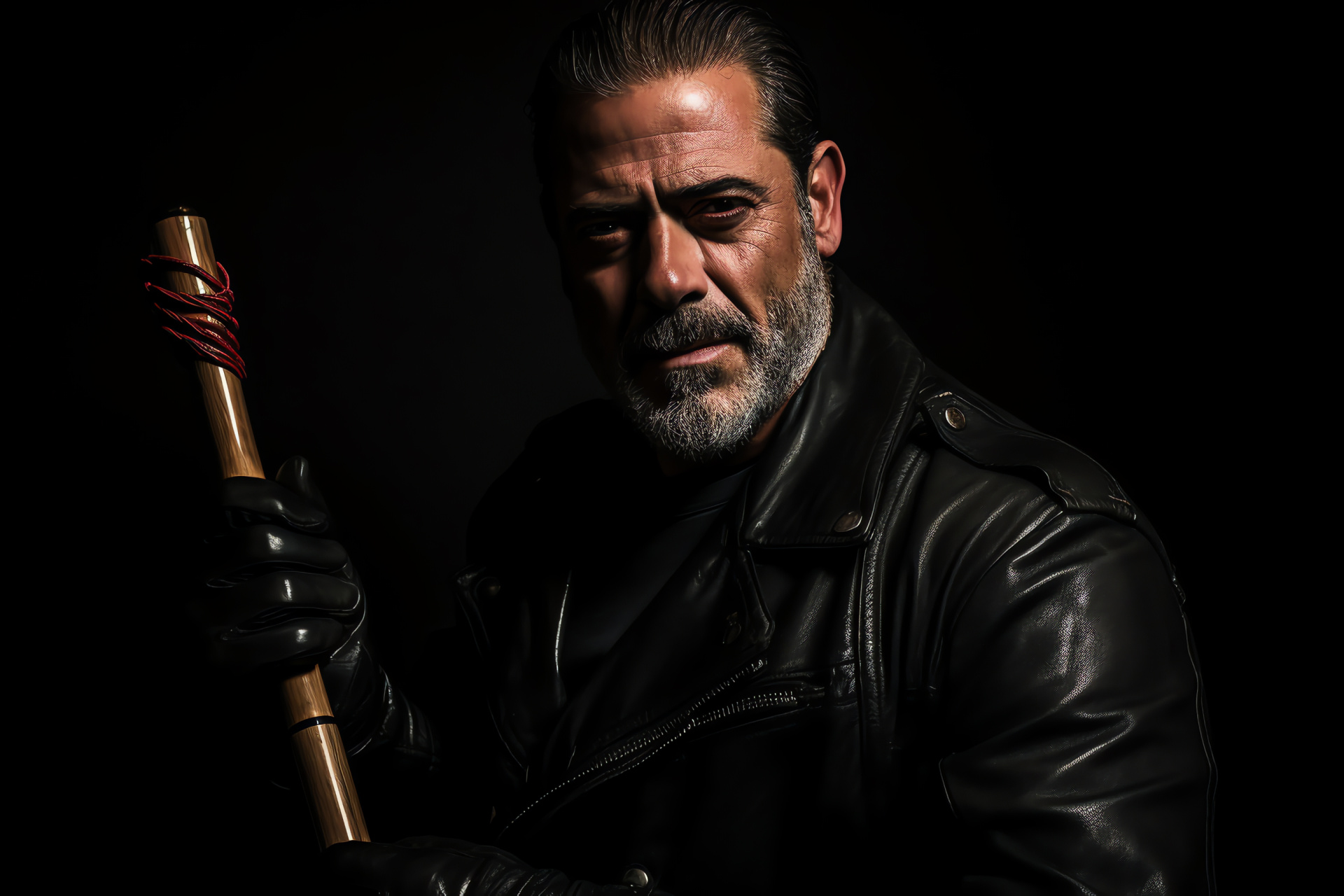 Negan in black, Morgan's intimidating pose, Character leather wear, Prop weapon with wires, Sinister ambiance, HD Desktop Image