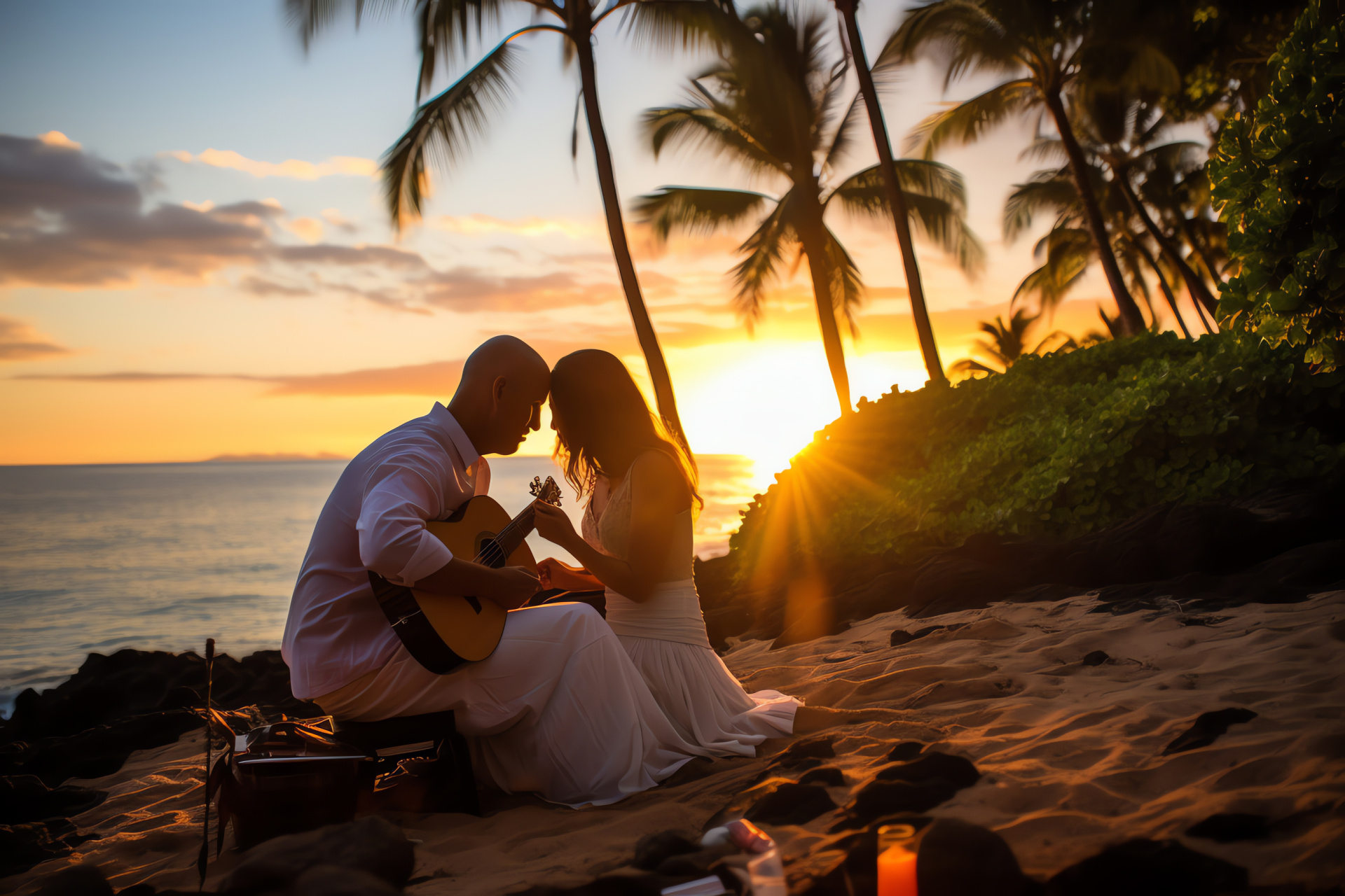 Hawaiian anniversary escape, beachside couple, private ocean vistas, idyllic island romance, tranquil azure coast, HD Desktop Image