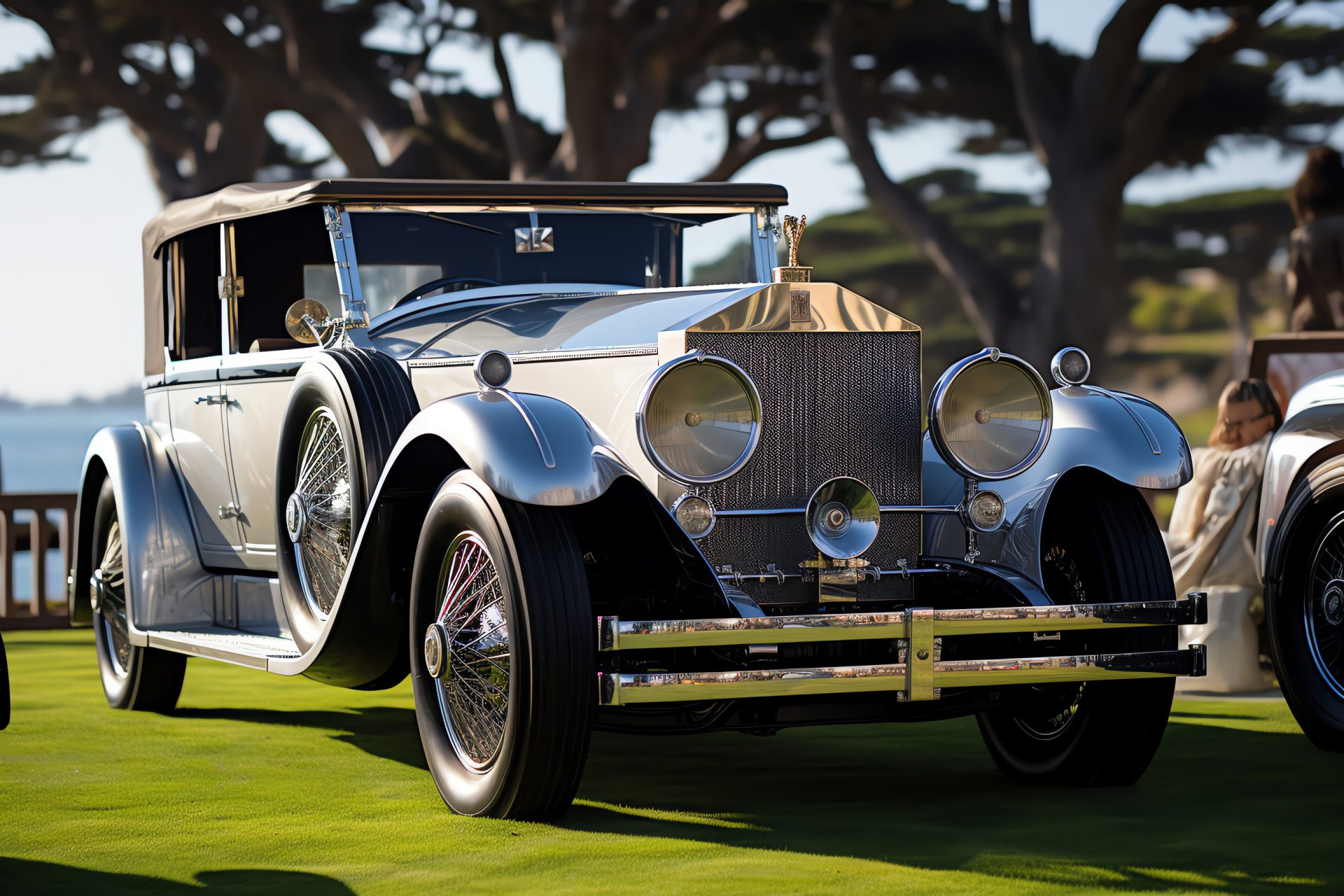 Rolls-Royce Silver Ghost exhibit, Aristocratic vintage vehicle, Polished auto grill, Pebble Beach classic, Californian coastal view, HD Desktop Wallpaper