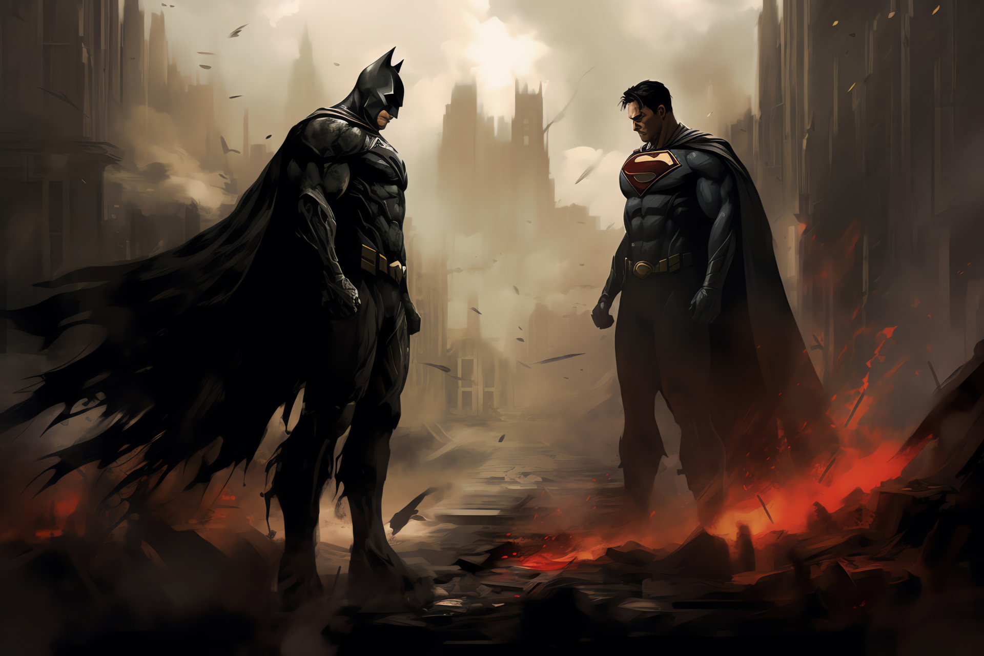 Superman and Batman rivalry, Superhero confrontation, Comic book legends, DC Universe, Cataclysmic battle, HD Desktop Wallpaper