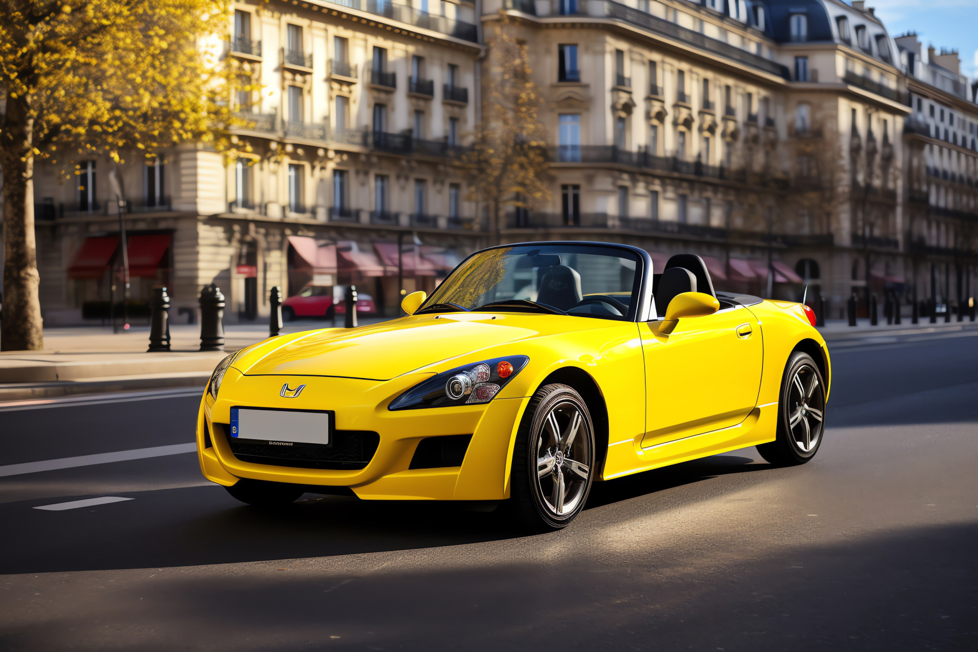 Honda S2000 in Paris, Champs-lyses scenery, Yellow roadster, French landmark scenes, Foreign automotive excursion, HD Desktop Image