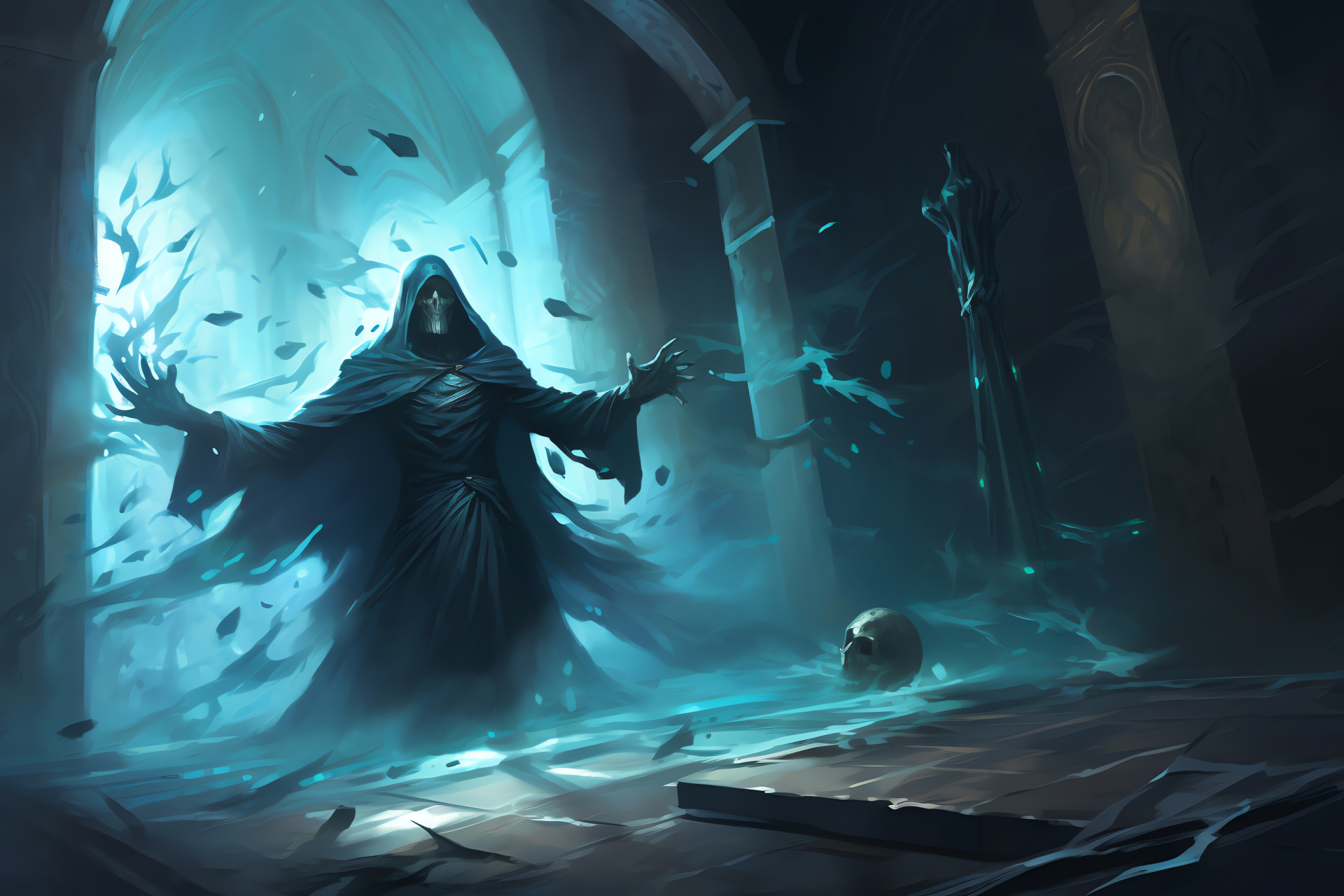 Necromancer theme, Mausoleum ruins graphic, Ancient sarcophagus art, Wave of power animation, Virtual crypt burst scene, HD Desktop Wallpaper