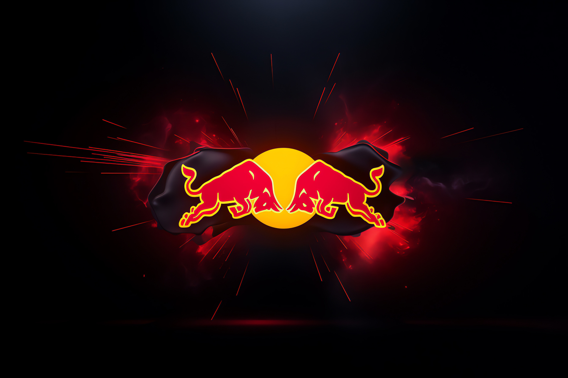 Red Bull trademark, Yellow radial burst, Prominent red feature, Black background simplicity, Marketing emblem, HD Desktop Wallpaper
