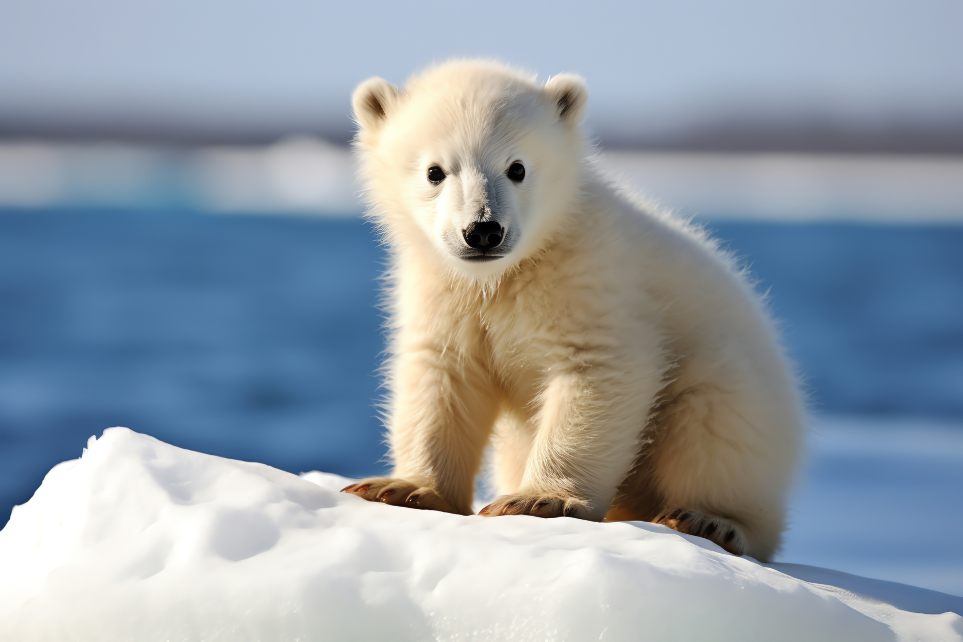 Polar Bear cub, Arctic wildlife, plush white fur, cream shades, golden highlights, icy habitat, HD Desktop Image