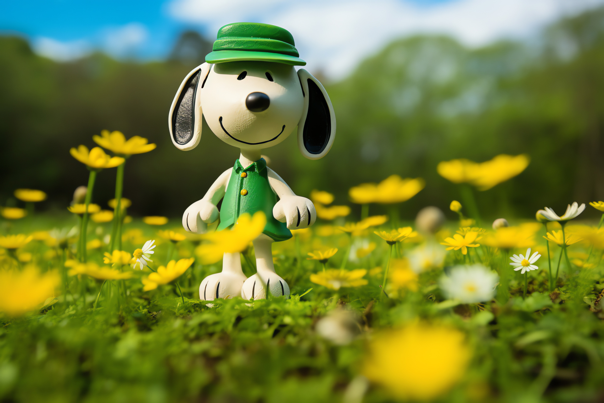 Snoopy, St. Patrick's, verdant meadow, blooming flora, festive necktie, HD Desktop Wallpaper