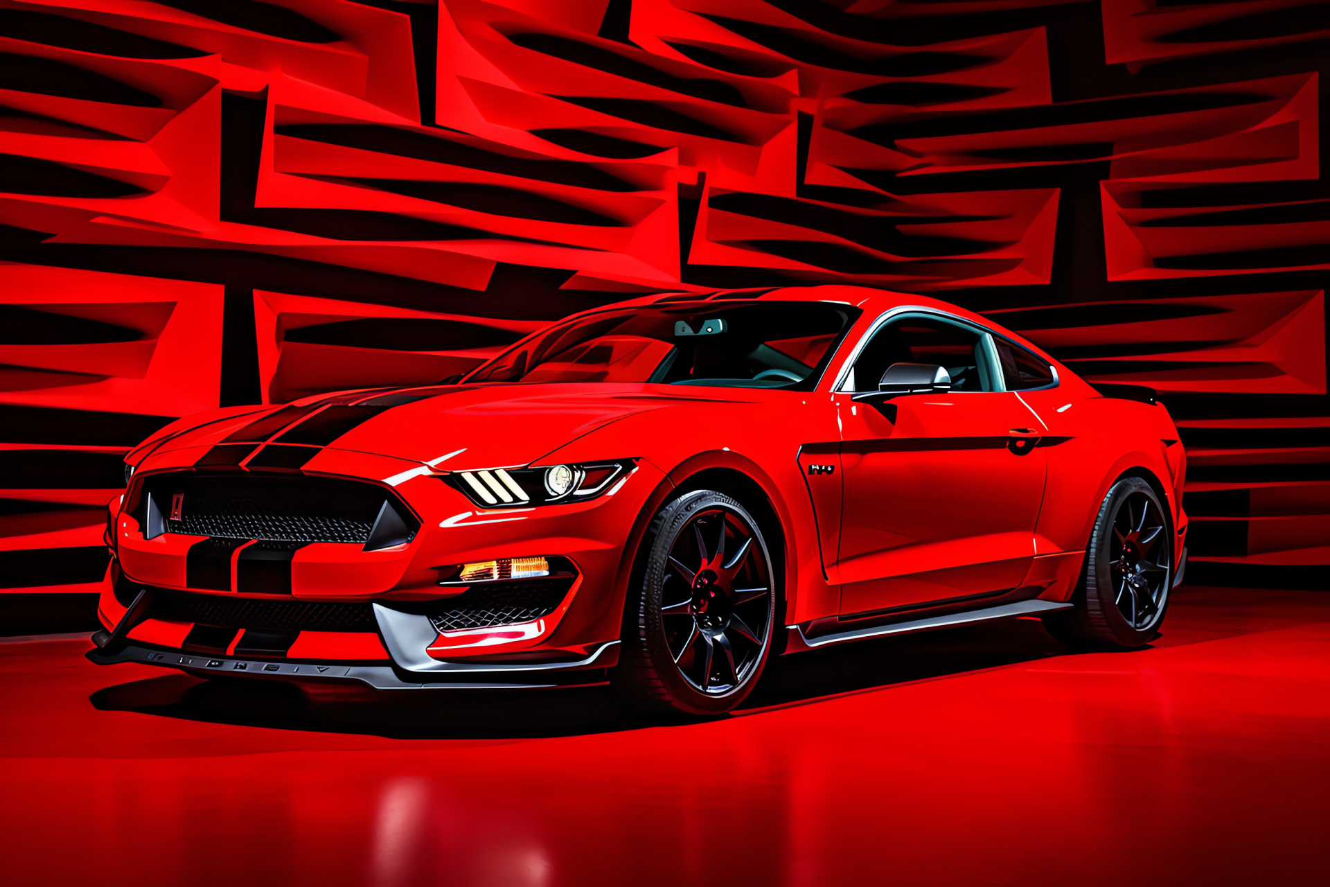 Mustang GT350, Red monochromatic setting, Expansive auto display, Intensely pigmented background, Robust design, HD Desktop Image