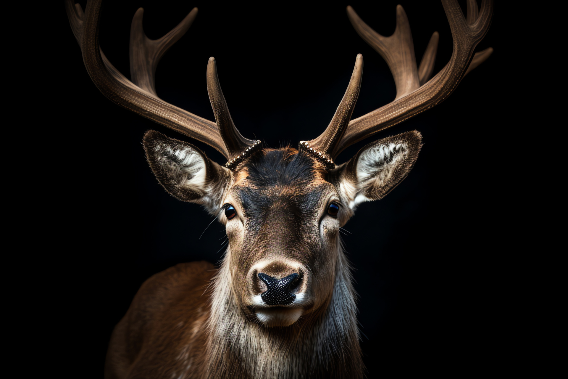 Reindeer, light brown fur, amber eyes, animal curiosity, dark backdrop, HD Desktop Image