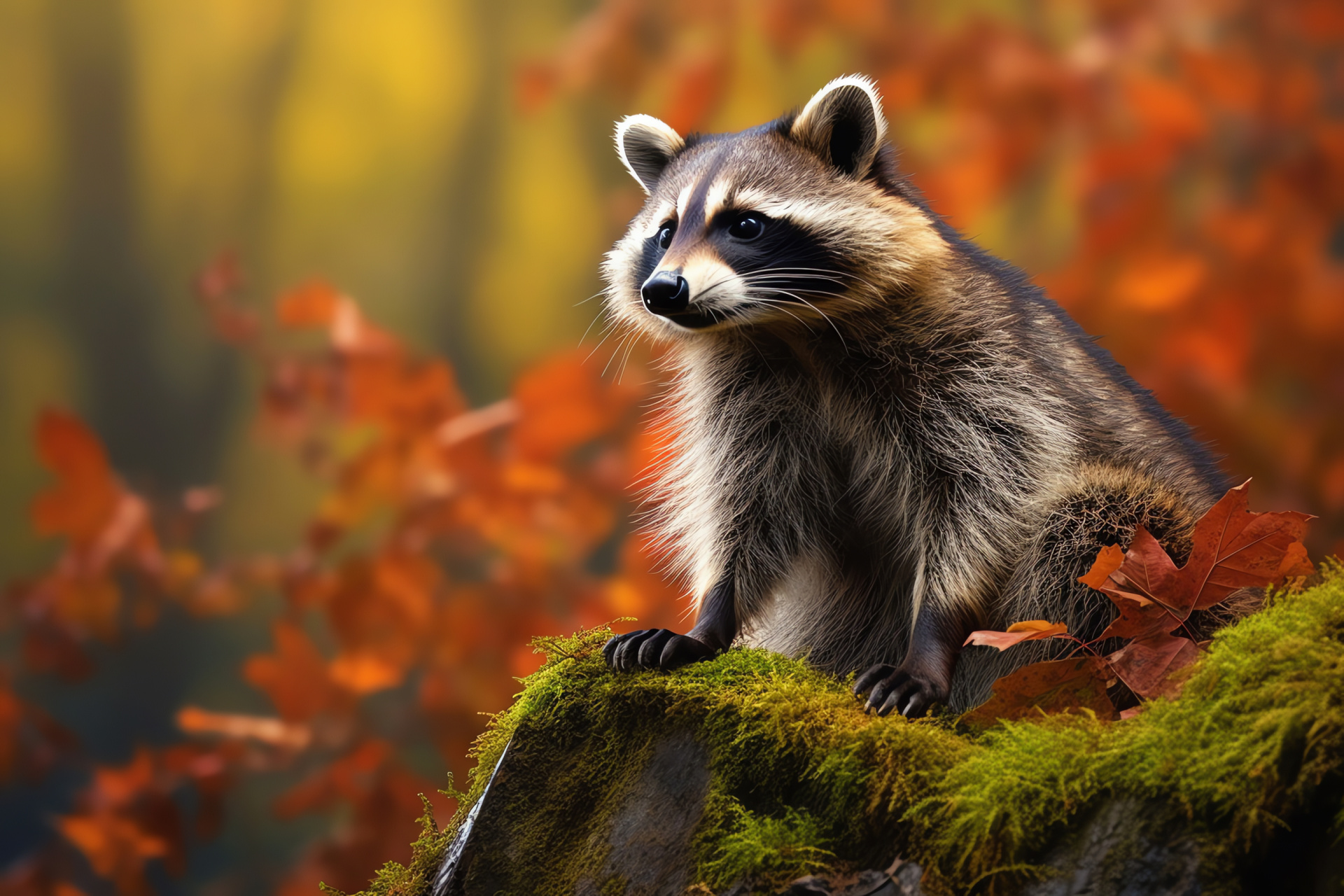 Raccoon inquisitiveness, furry mammal, omnivorous creature, playful posture, forest fauna, HD Desktop Image