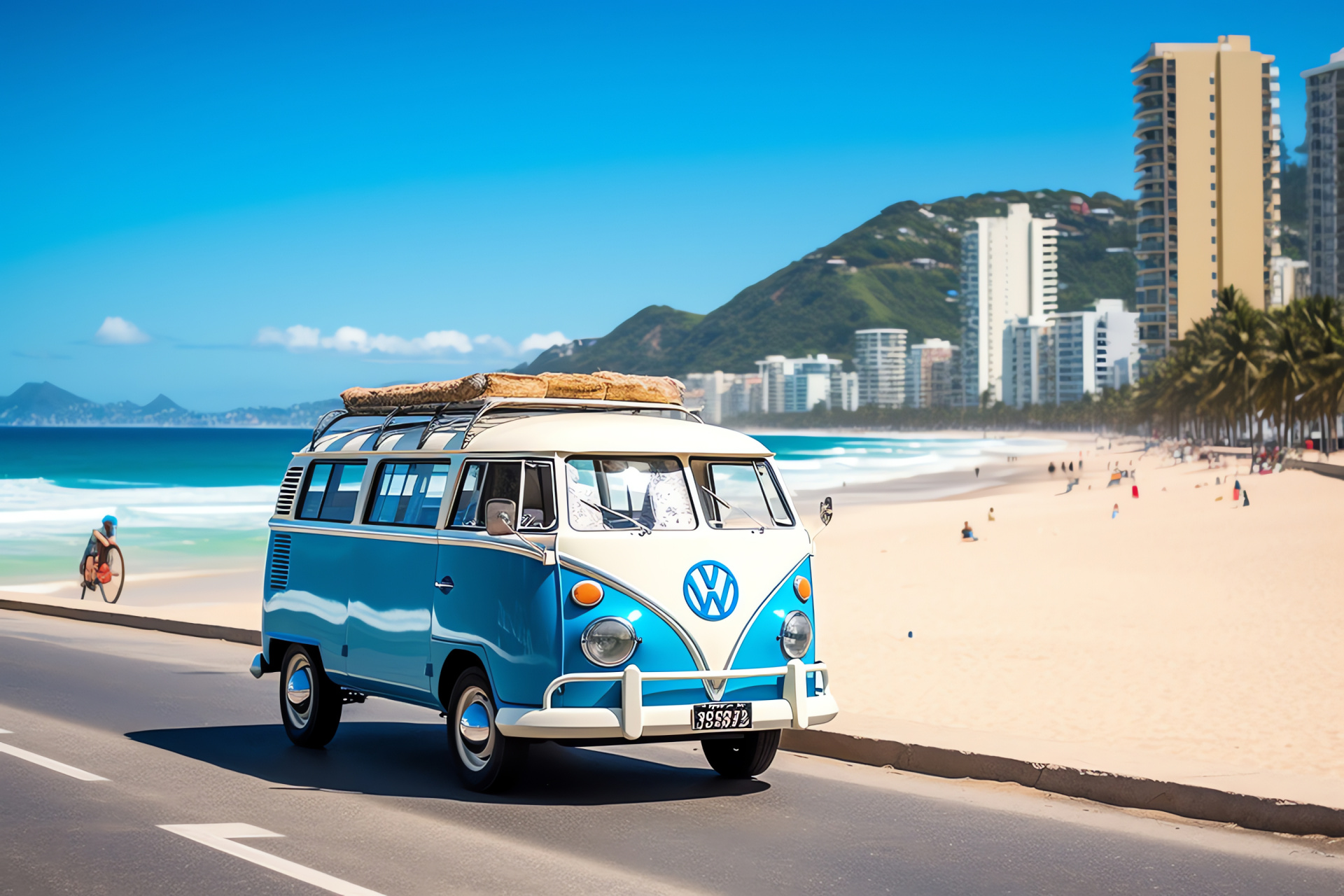 Vintage Volkswagen Kombi, Rio coastal scene, Blue-white van, Beachfront vibe, Brazilian landscape, HD Desktop Wallpaper