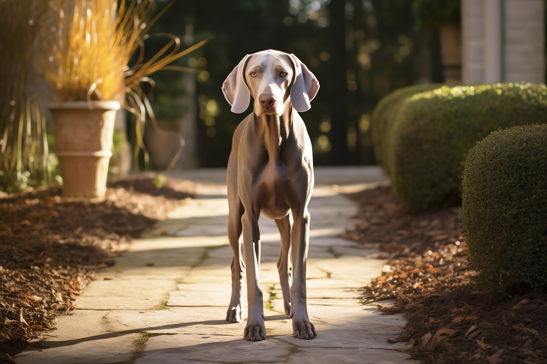 Weimaraner posing, disciplined pet, elegant stance, canine profile, outdoor setting, HD Desktop Image