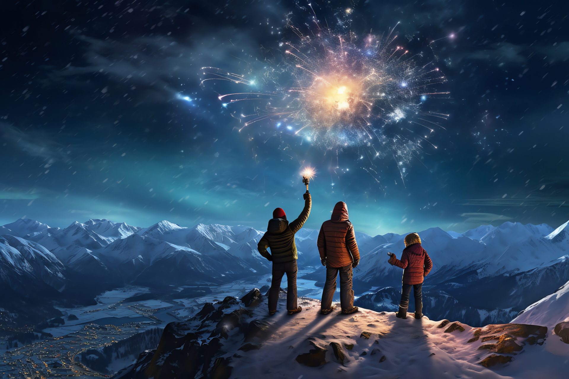 Mountaintop New Year, alpine friend gathering, winter-sport accessories, snowy celebration, HD Desktop Image