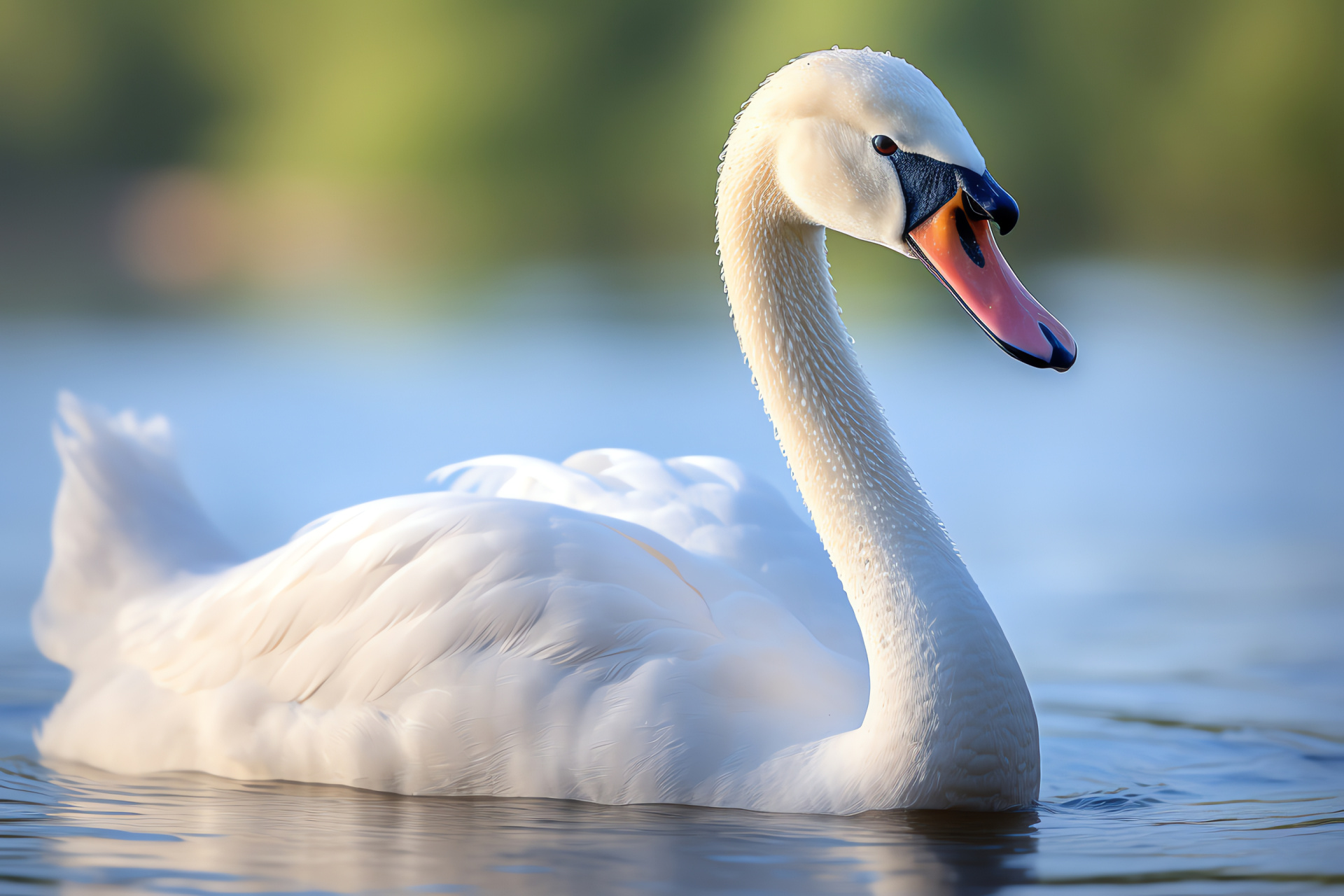 Cygnus bird, Elegant waterfowl, Cerulean gaze, Plume shimmer, Silvery reflections, HD Desktop Image