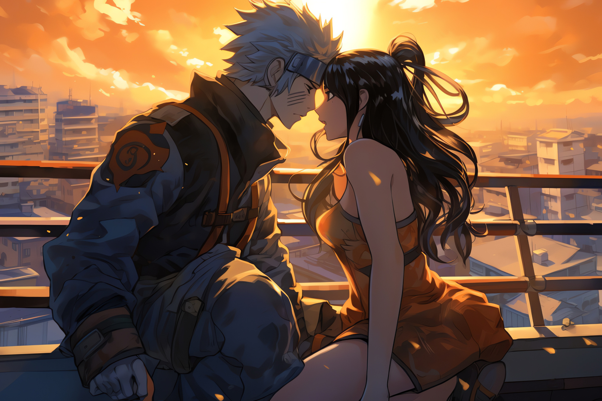 Naruto with Hinata, Mid-battle kiss, Ninja rooftop setting, Anime action romance, Manga series event, HD Desktop Wallpaper