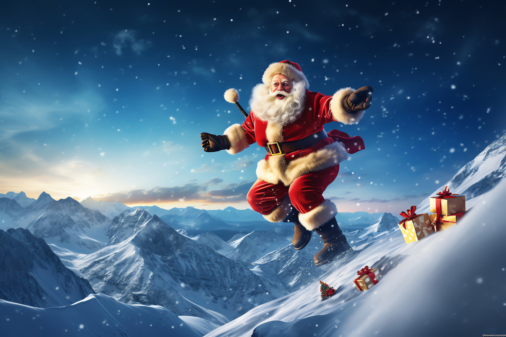 Santa Claus nocturnal journey, Alpine snowscapes, Gifts transport, Moonlit winter night, December festivities, HD Desktop Image
