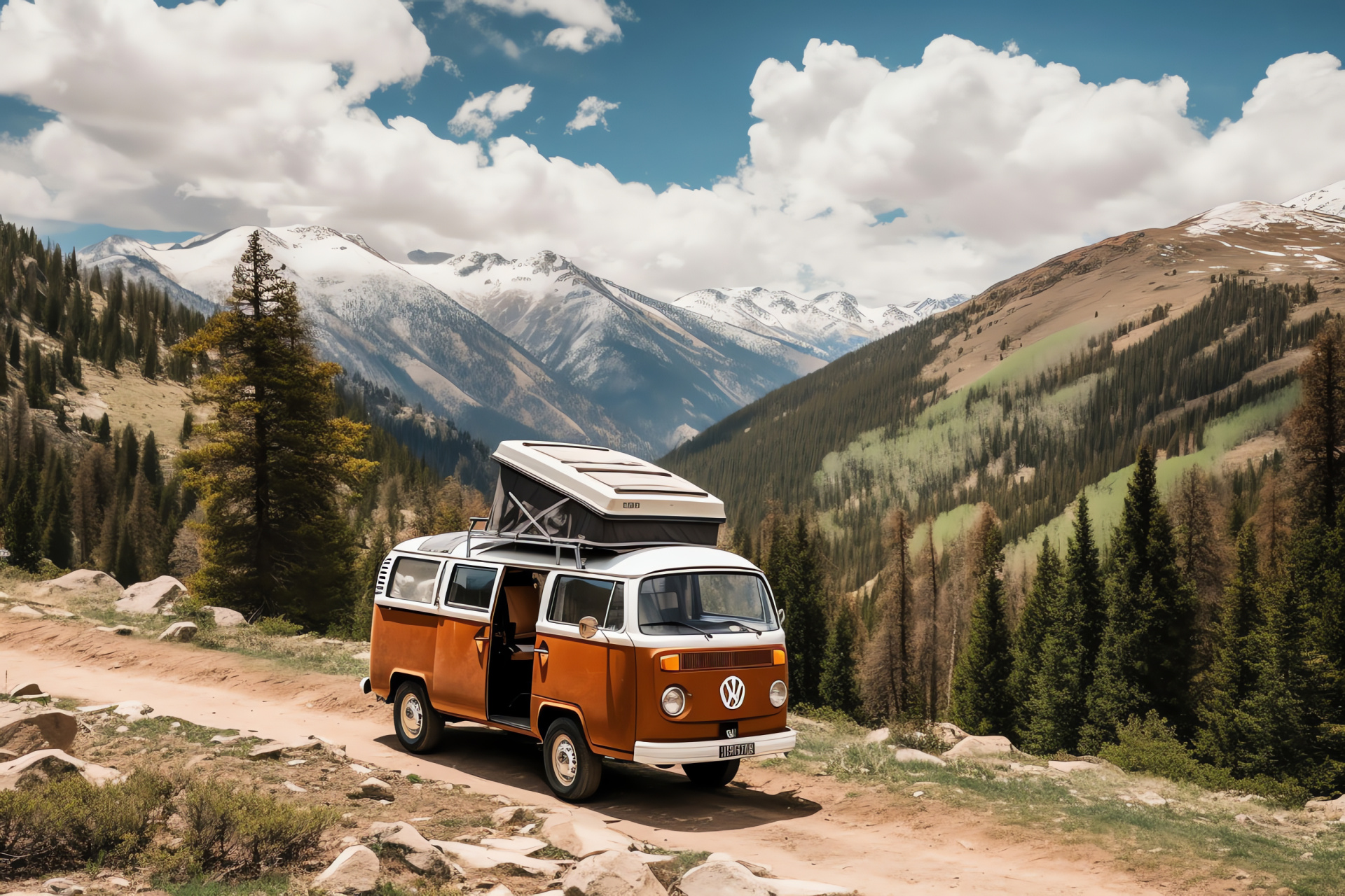 VW Bus, Colorado alpine landscape, camping equipment, durable vehicle accessories, coniferous forest surroundings, HD Desktop Image