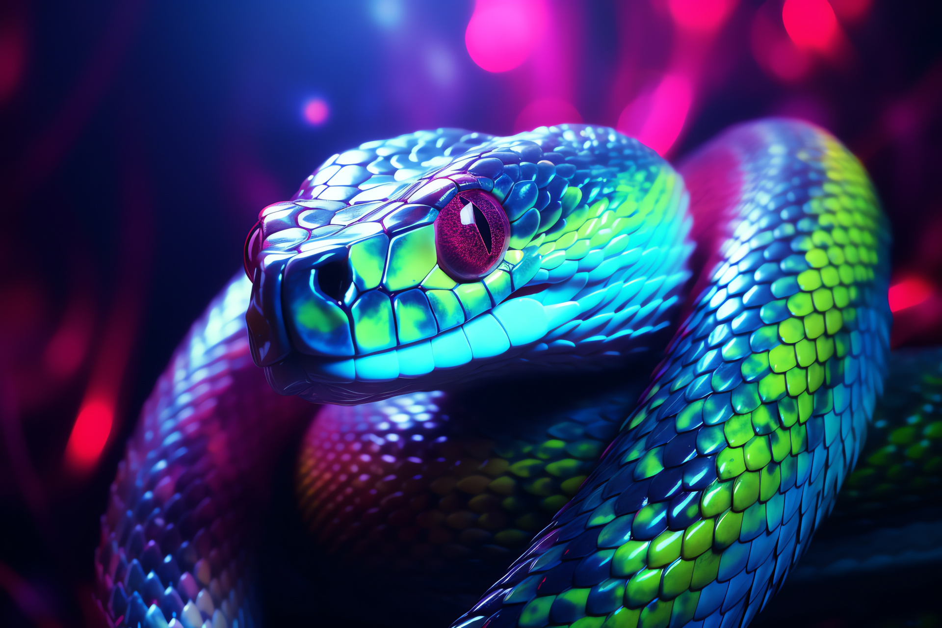 Neon Snake, triple-color backdrop, green-scaled, glowing serpentine beauty, HD Desktop Image