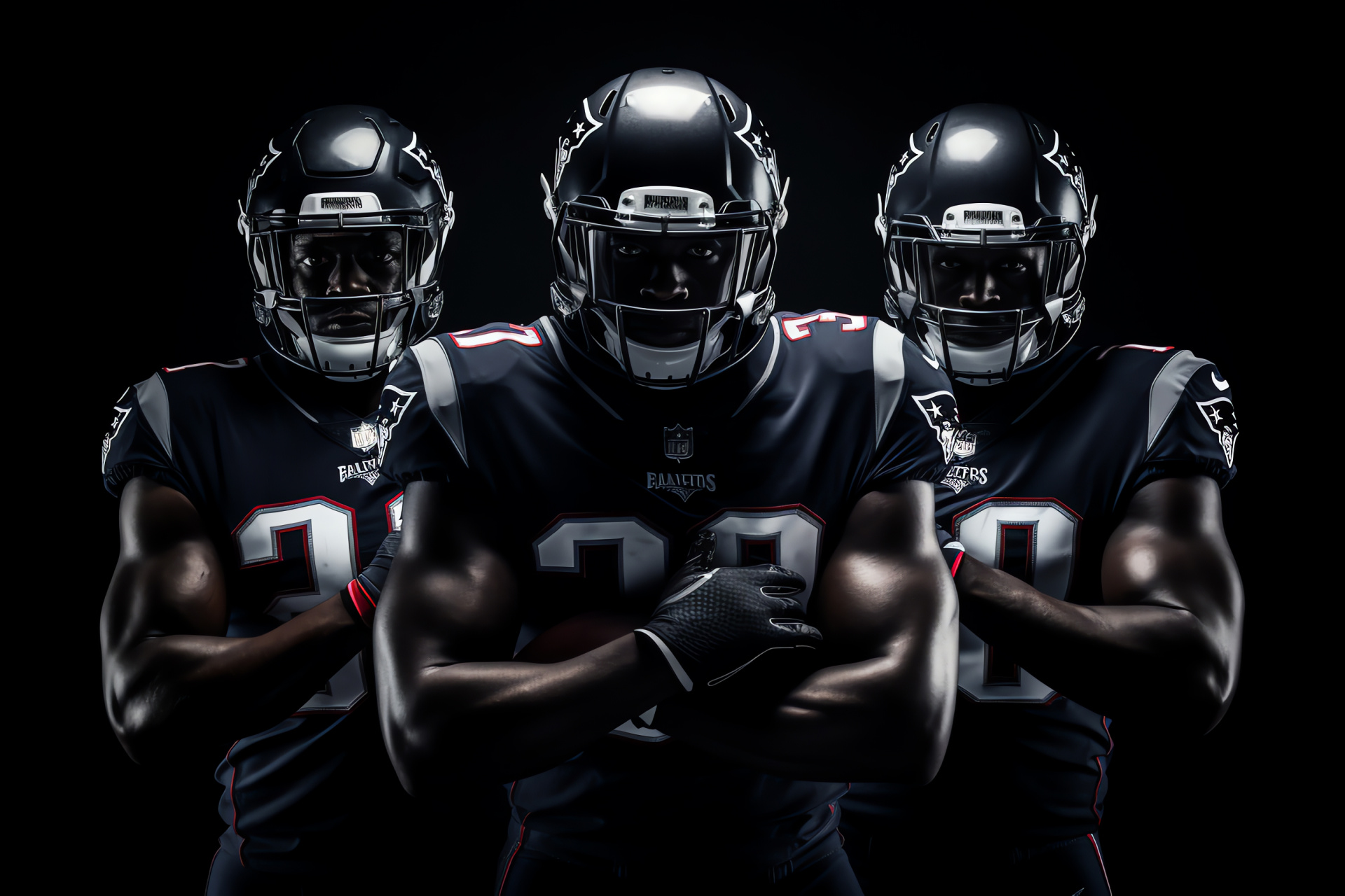 New England Patriots, Hall of Famer Andre Tippett, Wide receiver Troy Brown, Cornerback Ty Law, Dramatic black backdrop, HD Desktop Wallpaper