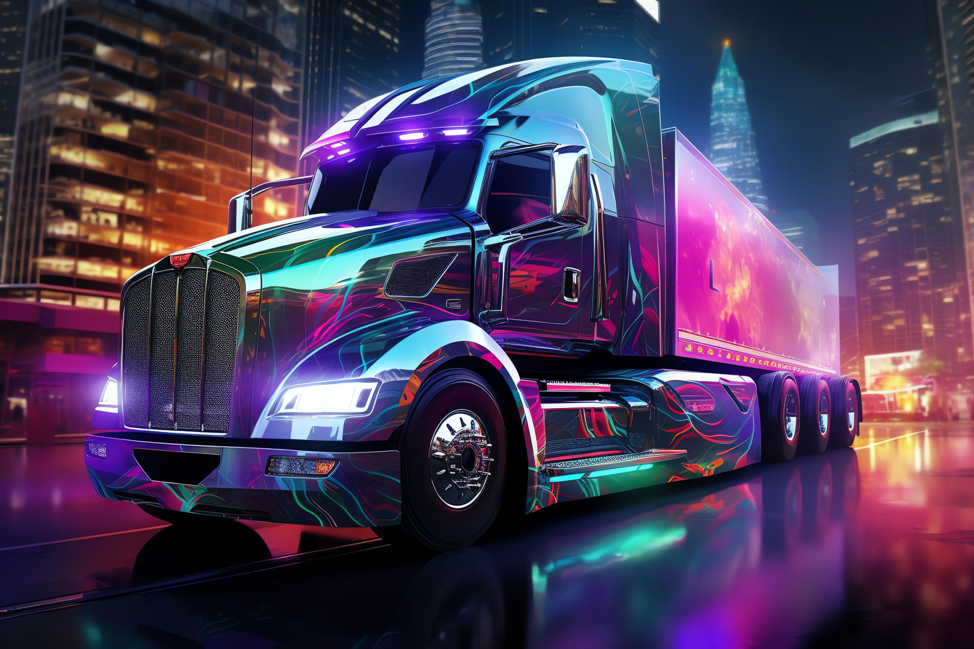 Peterbilt Mark, Urban skyline, Conceptual truck, City vista, Electric glow, HD Desktop Image