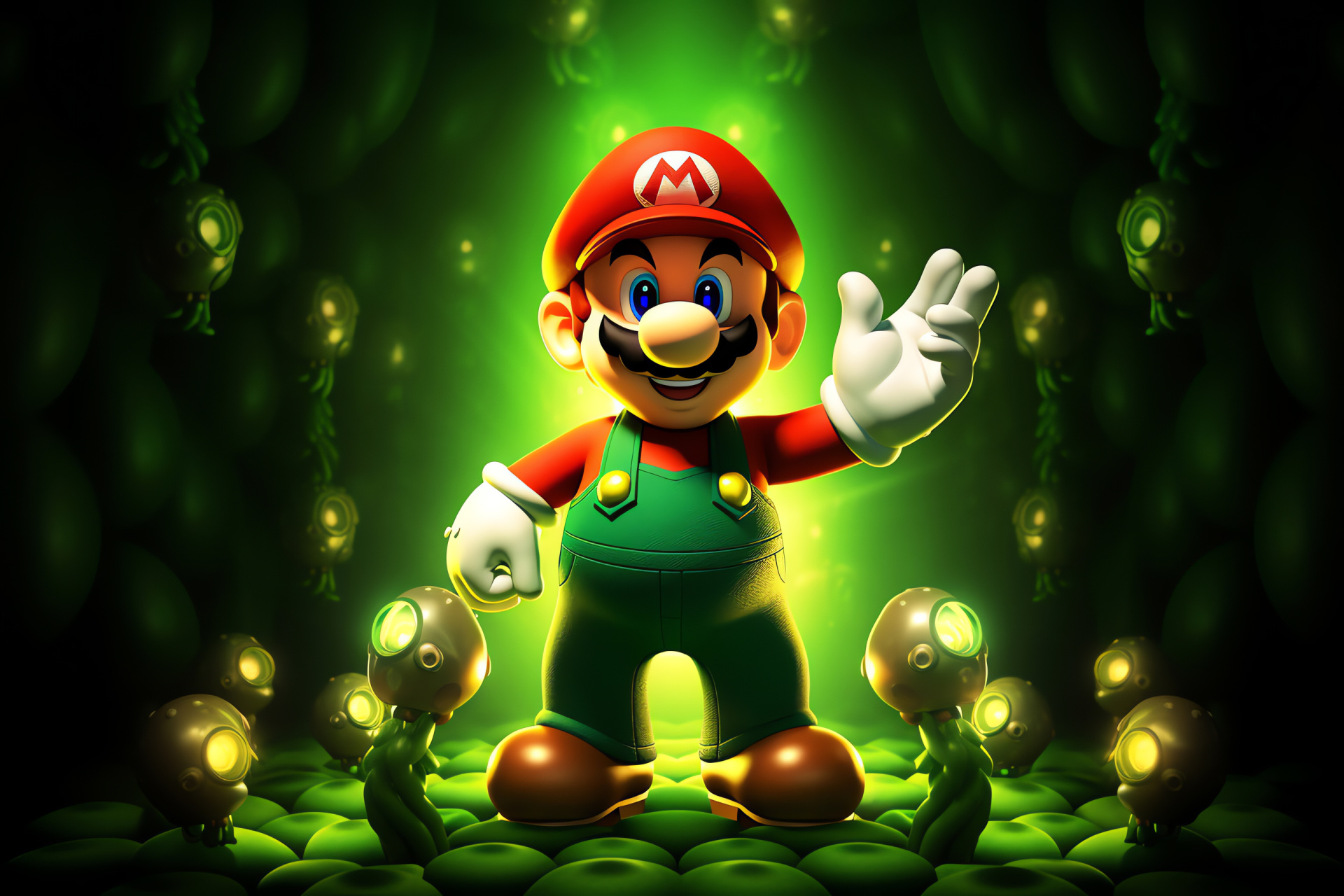 Classic Mario visage, Iconic game attire, Jumpman readiness, Plumber's excitement, Familiar mascot, HD Desktop Wallpaper