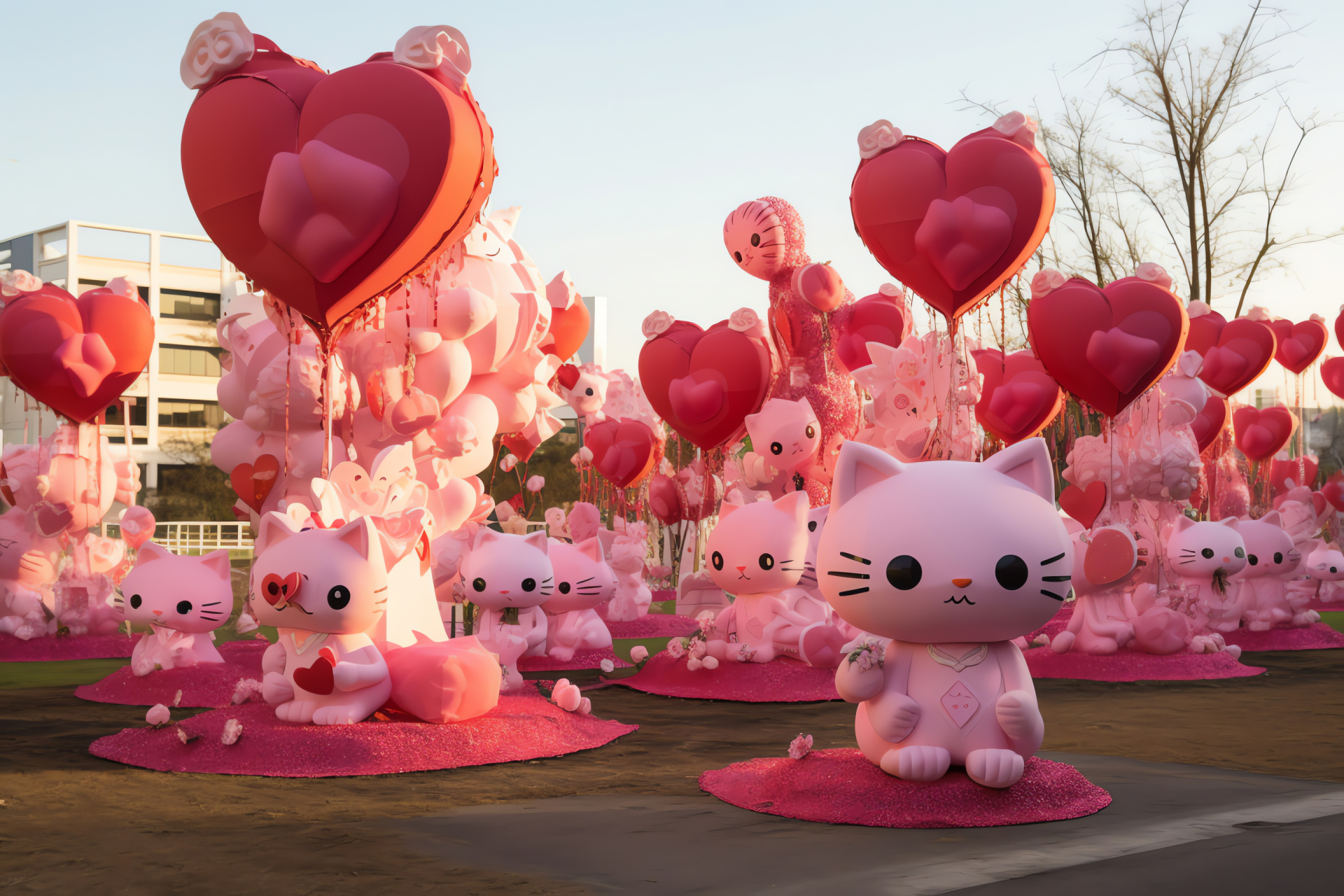 Loveville feline parade, Kitten's holiday attire, Public garden event, Decorative plants, Animal celebration, HD Desktop Wallpaper