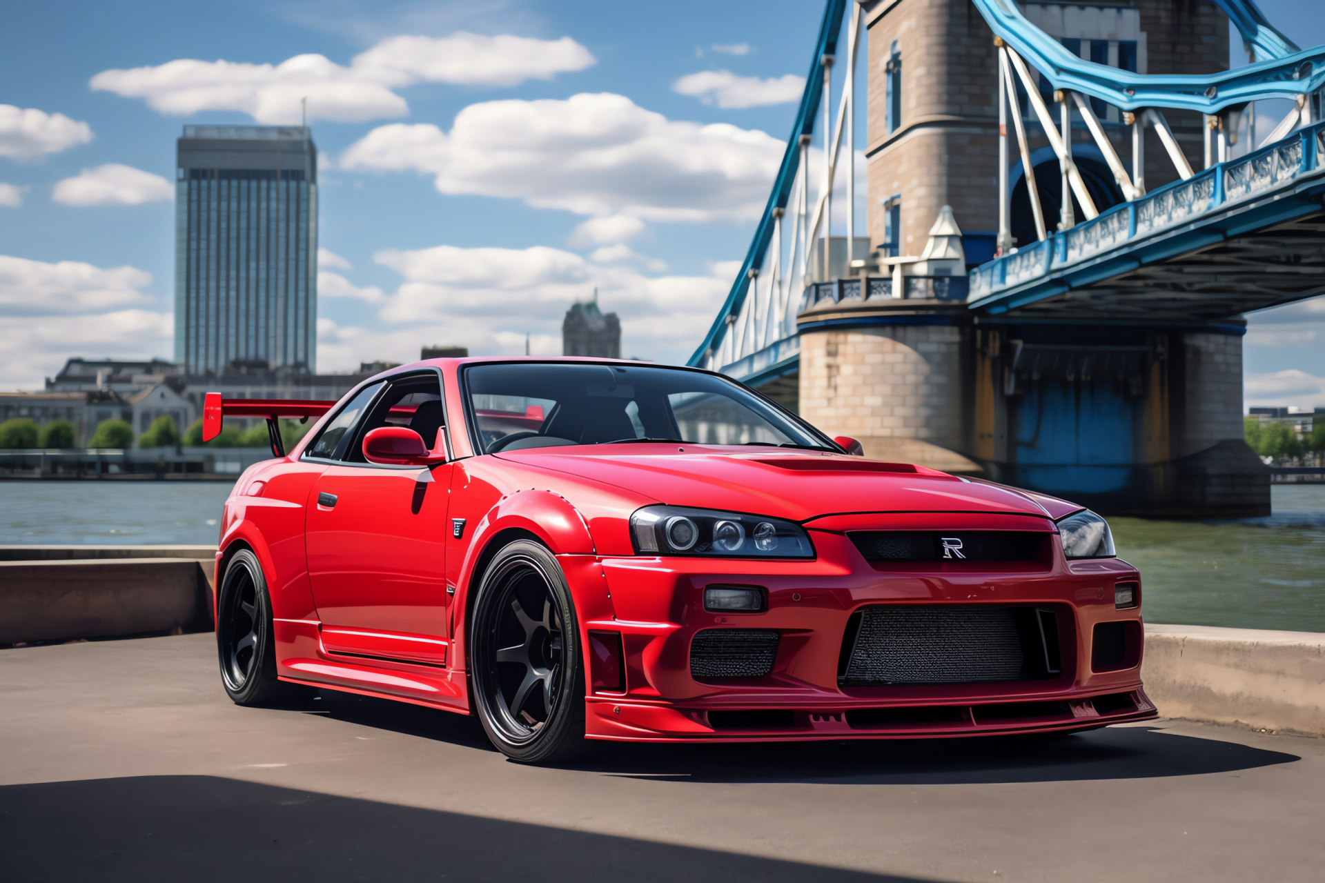 Nissan Skyline GTR R33, London attractions, Tower Bridge proximity, Thames riverside, Iconic red finish, HD Desktop Wallpaper