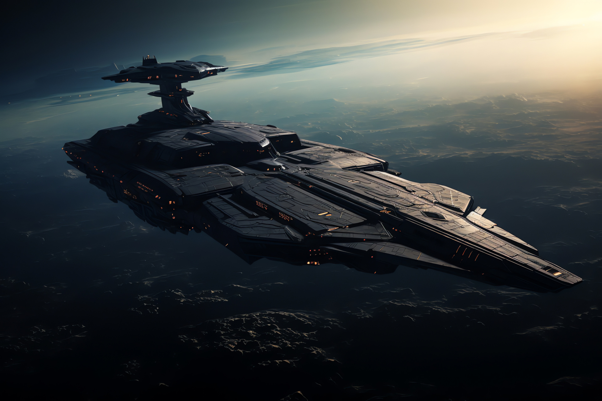 Commander vessel, Infinite expanse, Dreadnought class, Forsaken terrain, Foreboding silhouette, HD Desktop Wallpaper