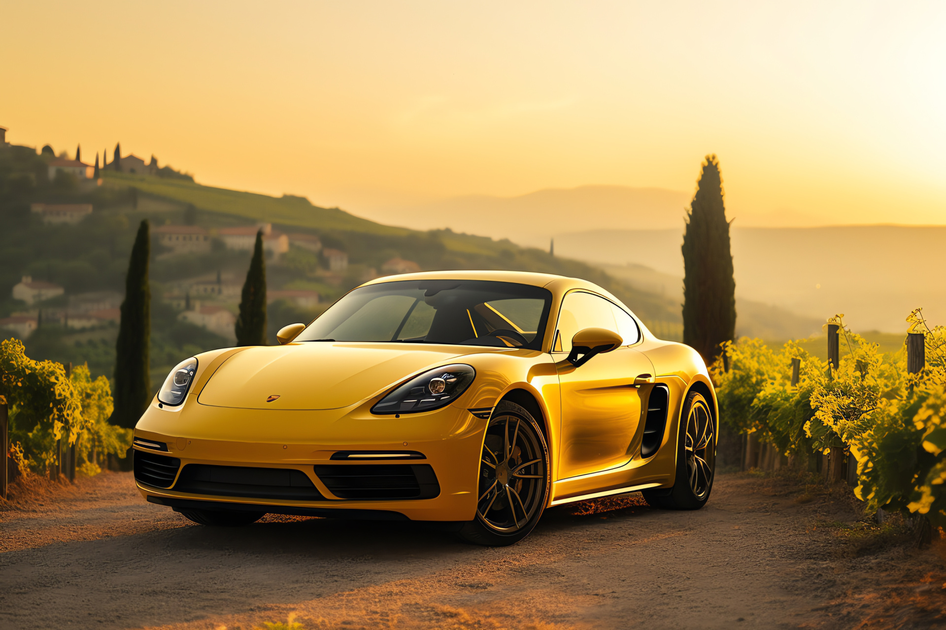 Porsche Cayman Tuscany scene, Yellow paintwork, Vineyard hills backdrop, Rolling landscape, Sunset warmth, HD Desktop Image