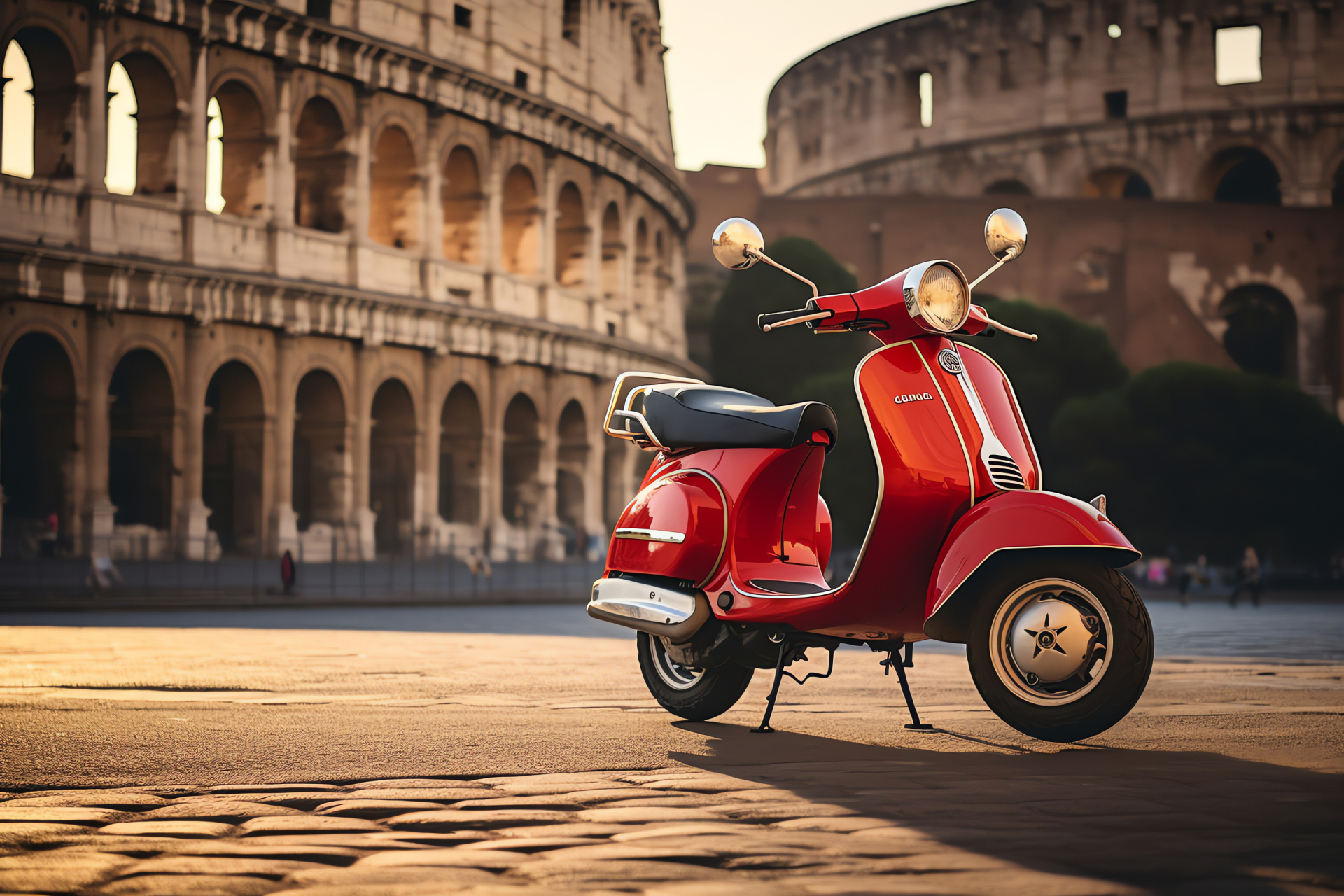 Italian Vespa scooter, Rome city travels, Colosseum sight, iconic retro style, Italian design, HD Desktop Image