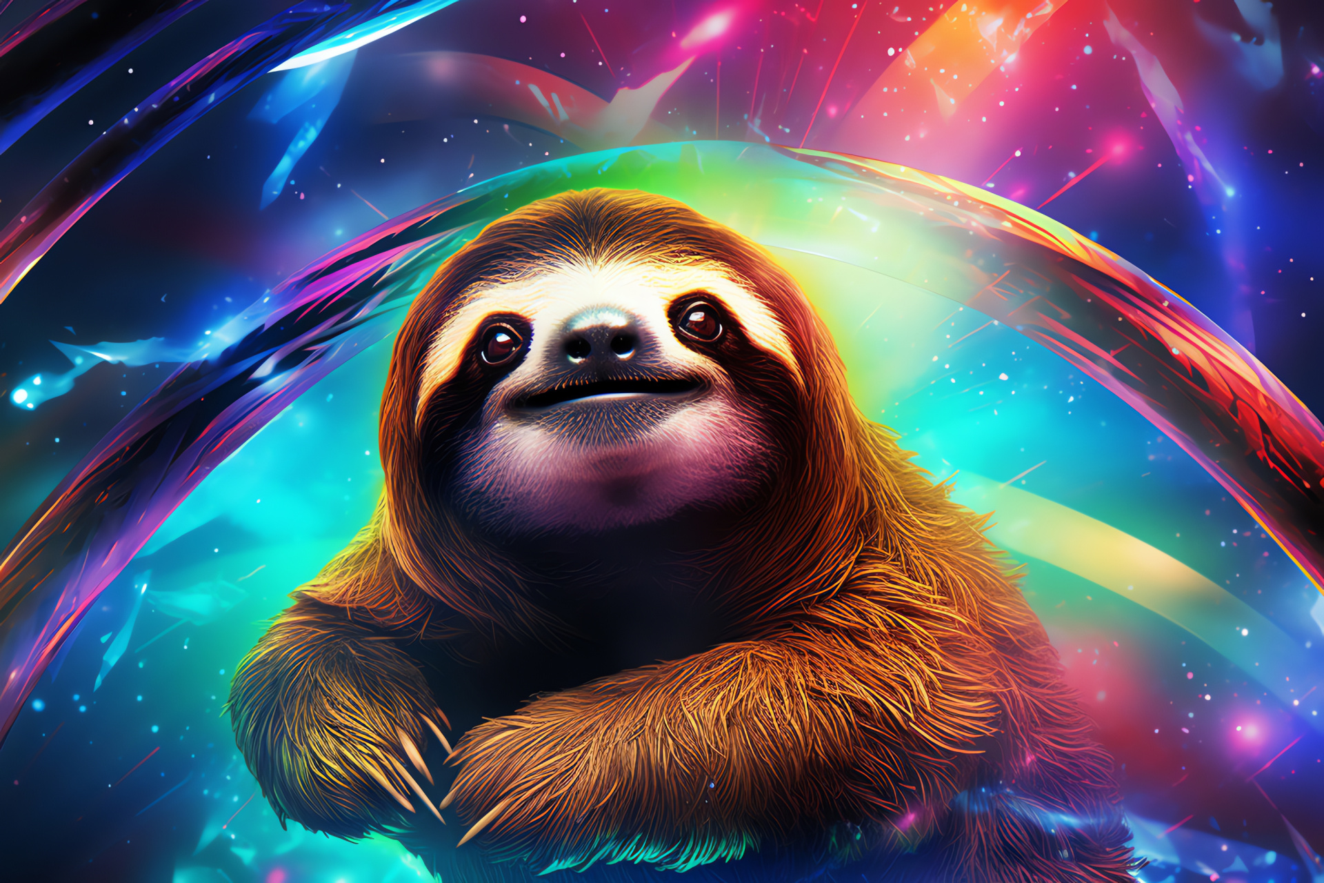 Fantasy Sloth, Rainbow fur, Zero gravity scene, Vibrant kaleidoscope, Interstellar creature, HD Desktop Wallpaper