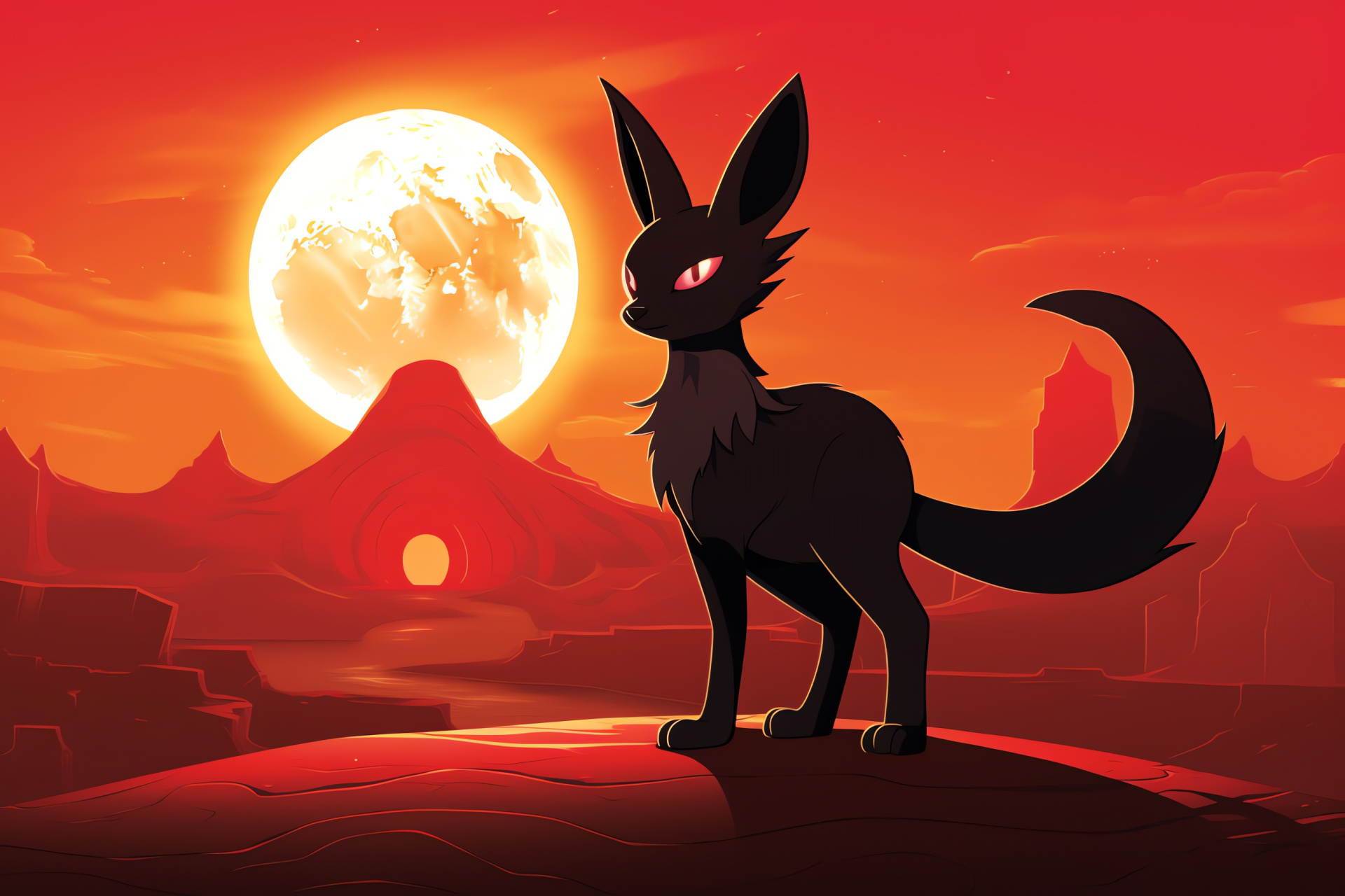 Umbreon amidst dunes, Pokemon wildlife, Black pelt creature, Gleaming citrus gaze, Aggressive stance, HD Desktop Wallpaper