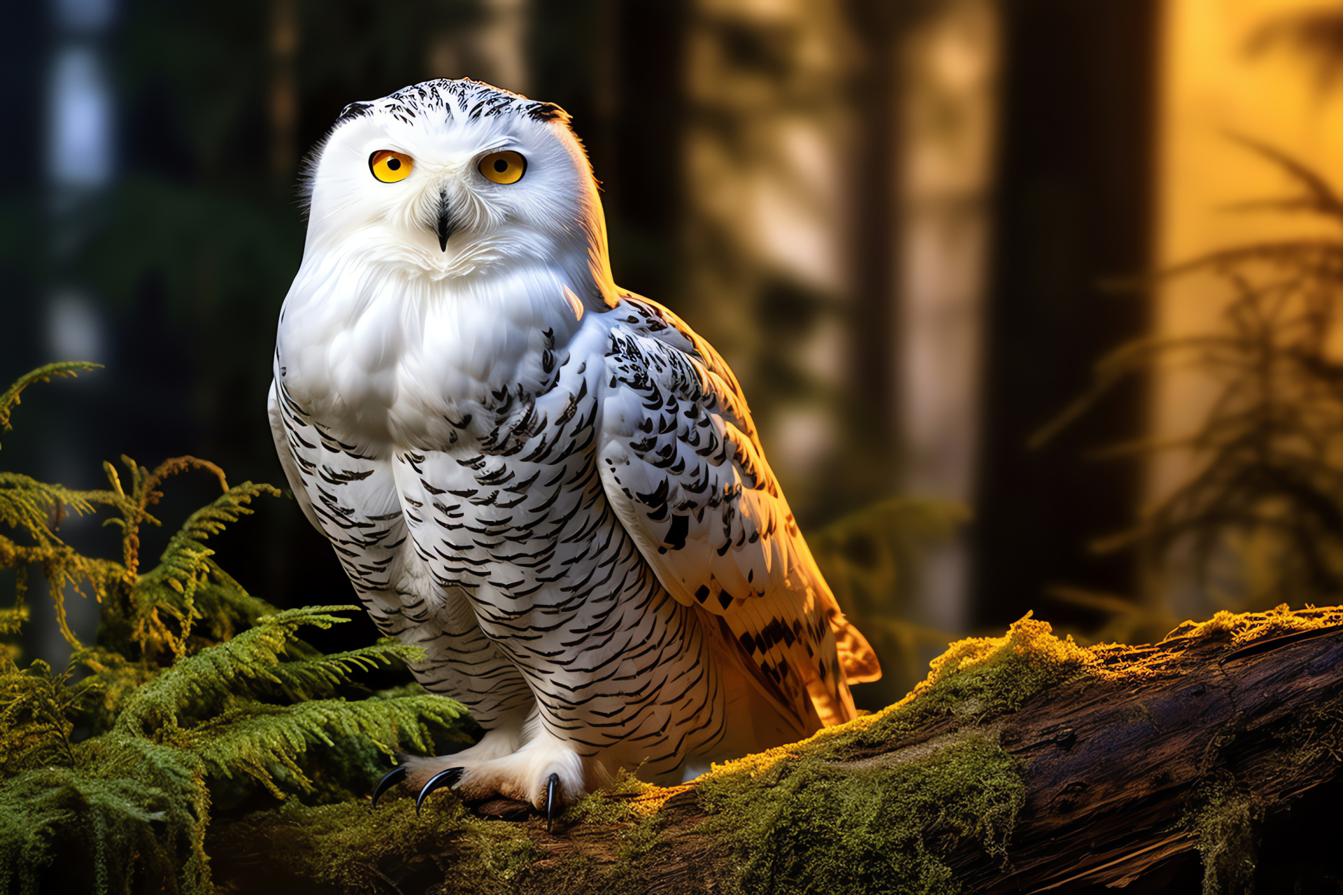 Snowy Owl, Orange iris, Fluffy raptor, Arctic plumage, Noble stance, HD Desktop Image